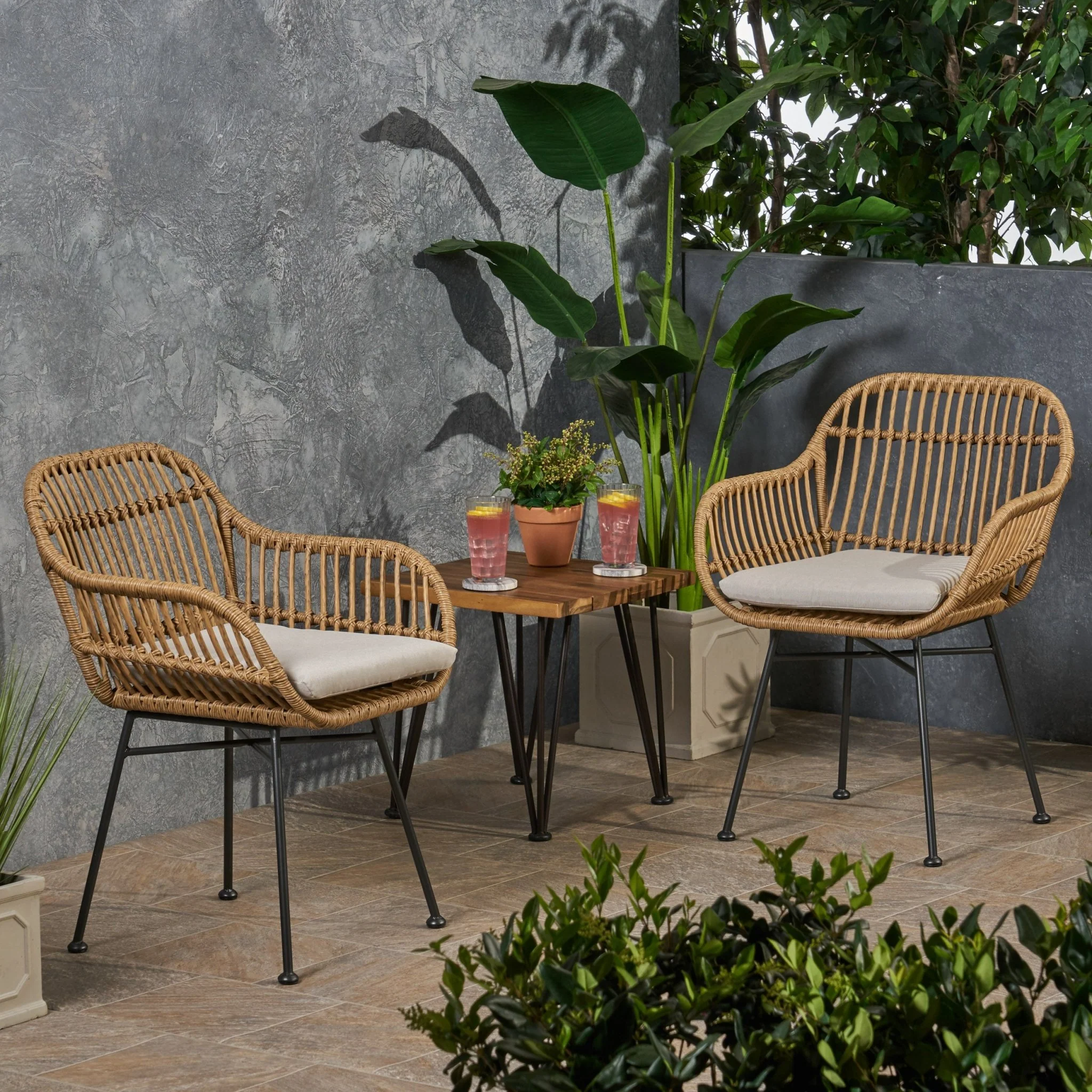 Outdoor Rattan Accent Chair with Metal Legs, Set of 2