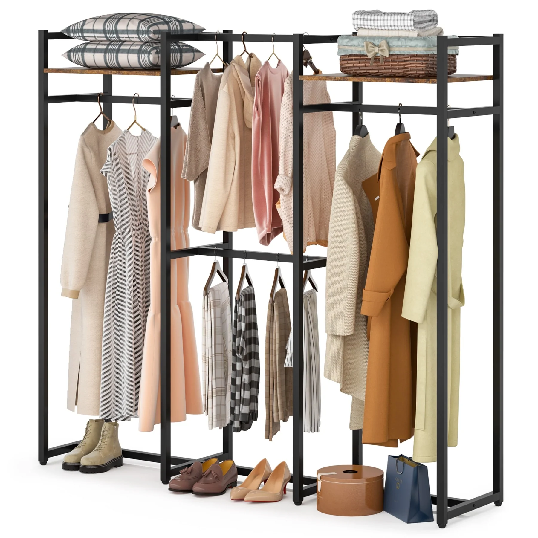 Free Standing Closet Organizer with Hanging Rods, Garment Rack Heavy Duty Clothes Rack with Storage Shelves, Max Load 500LBS