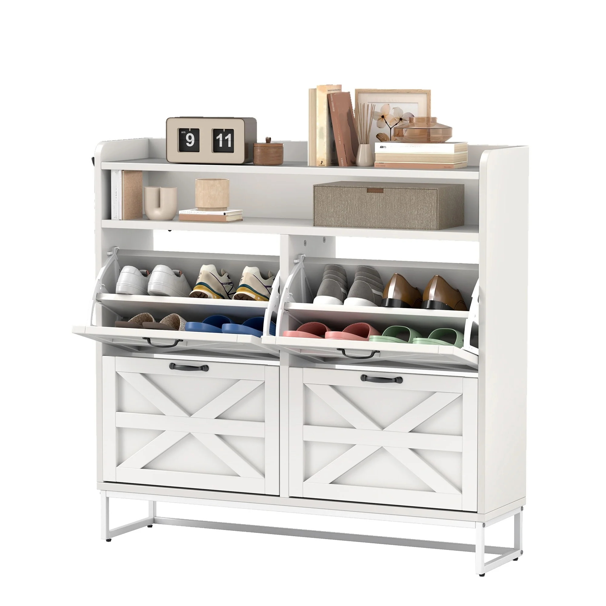 Moasis 24 Pairs Farmhouse Shoe Storage Cabinet 4 Flip Drawers Shoe Organizer