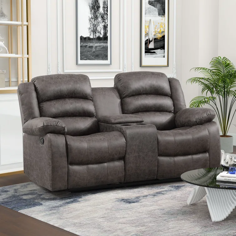 Emryn 71.7'' Wide Modern and Overstuffed Breathable Vegan Leather Manual Reclining Loveseat Sofa with Cup Holder and Storage