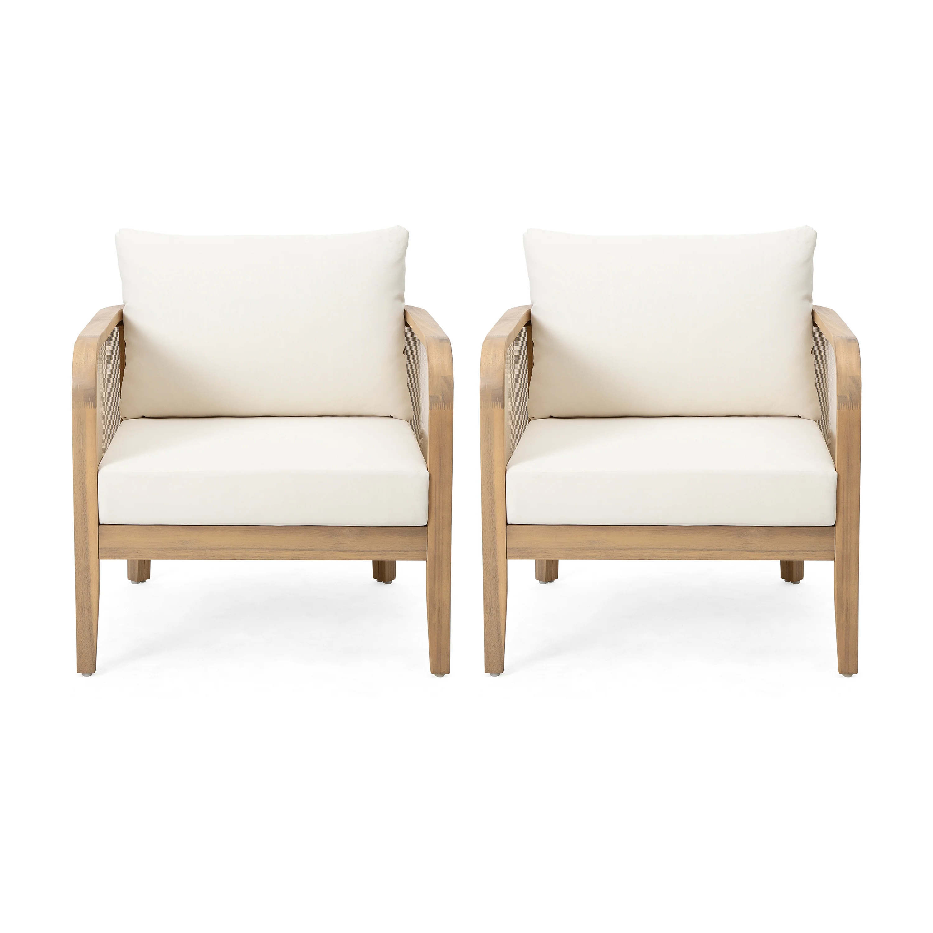 Outdoor Club Chair with Curved Armrests and Wooden Frame, Set of 2