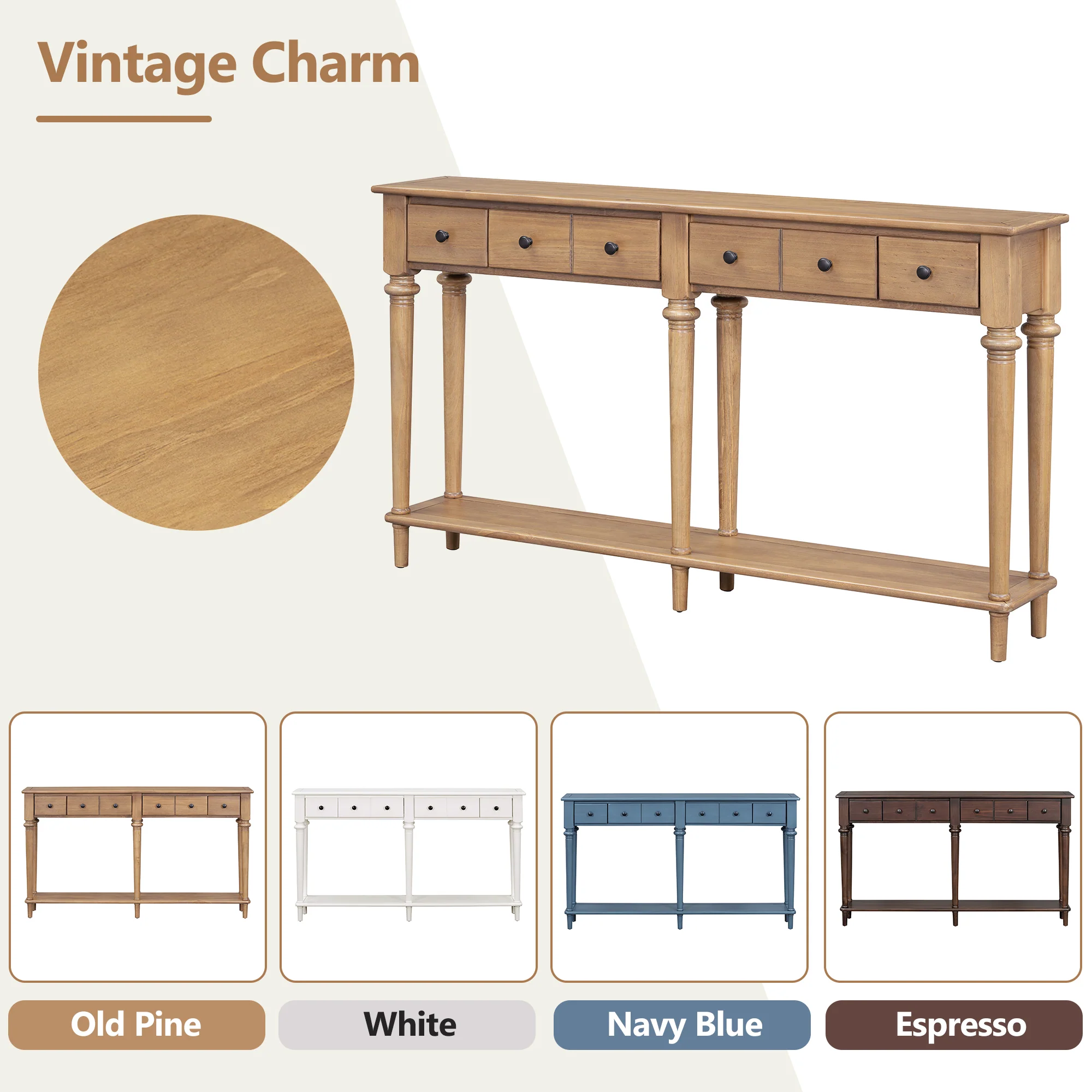 Console Table with 4 Drawers and Open Shelf