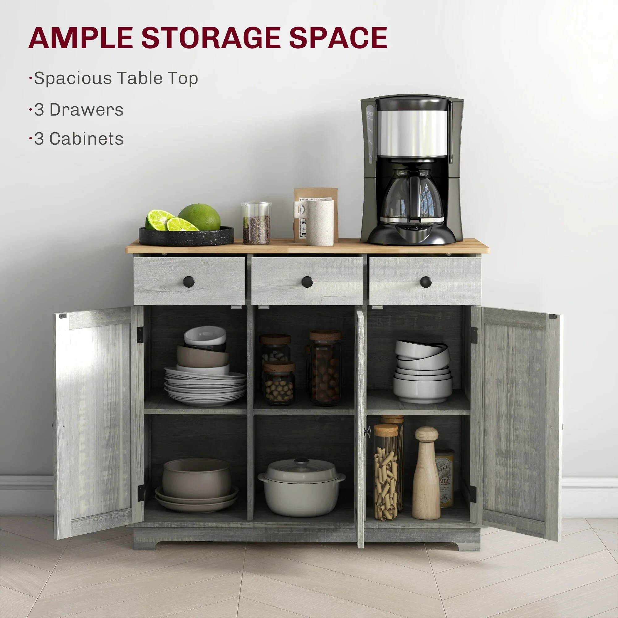 HOMCOM Sideboard with Solid Wood Countertop, Modern Kitchen Storage Cabinet, Coffee Bar Cabinet with 3 Drawers
