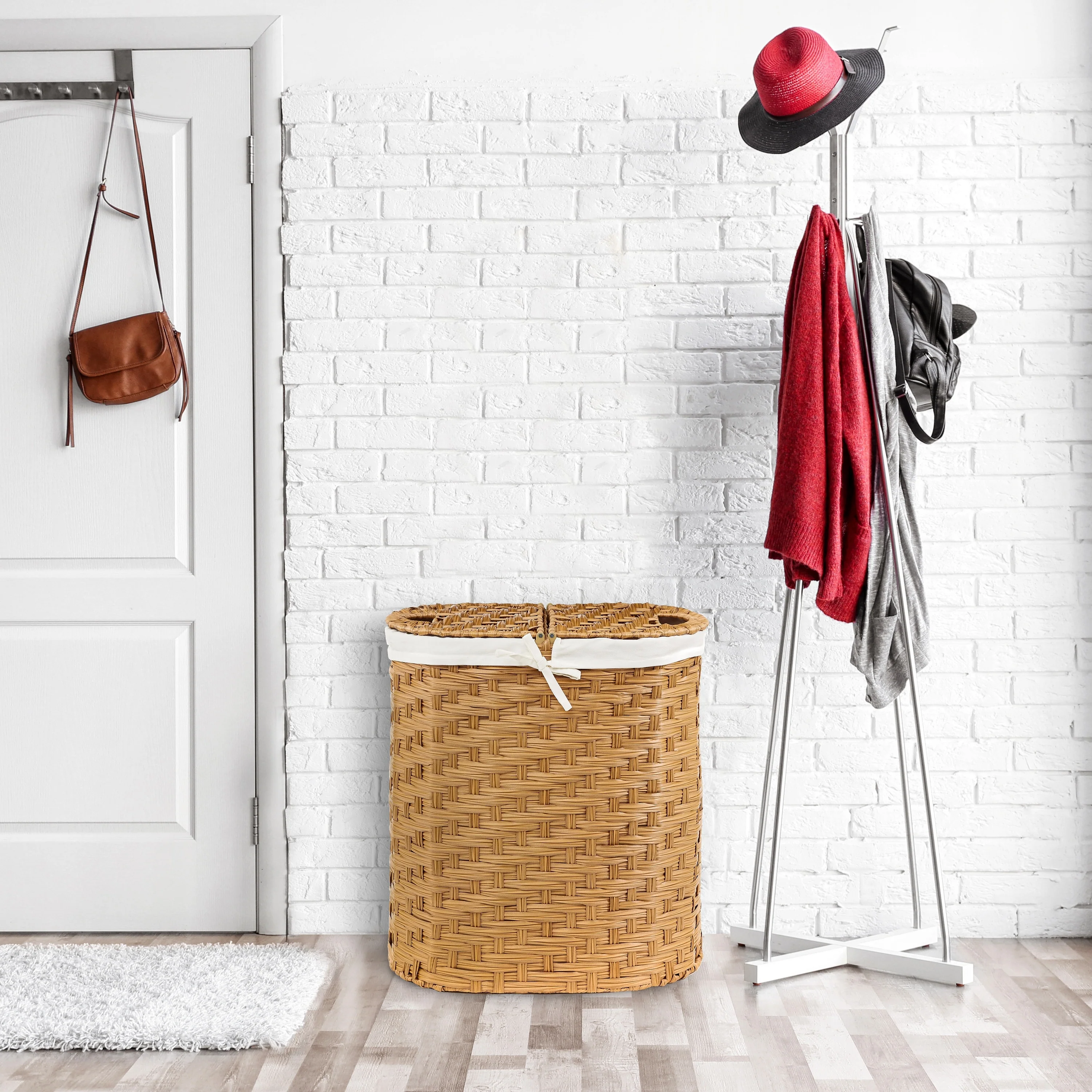 Seville Classics Handwoven Lidded Oval Double Laundry Hamper