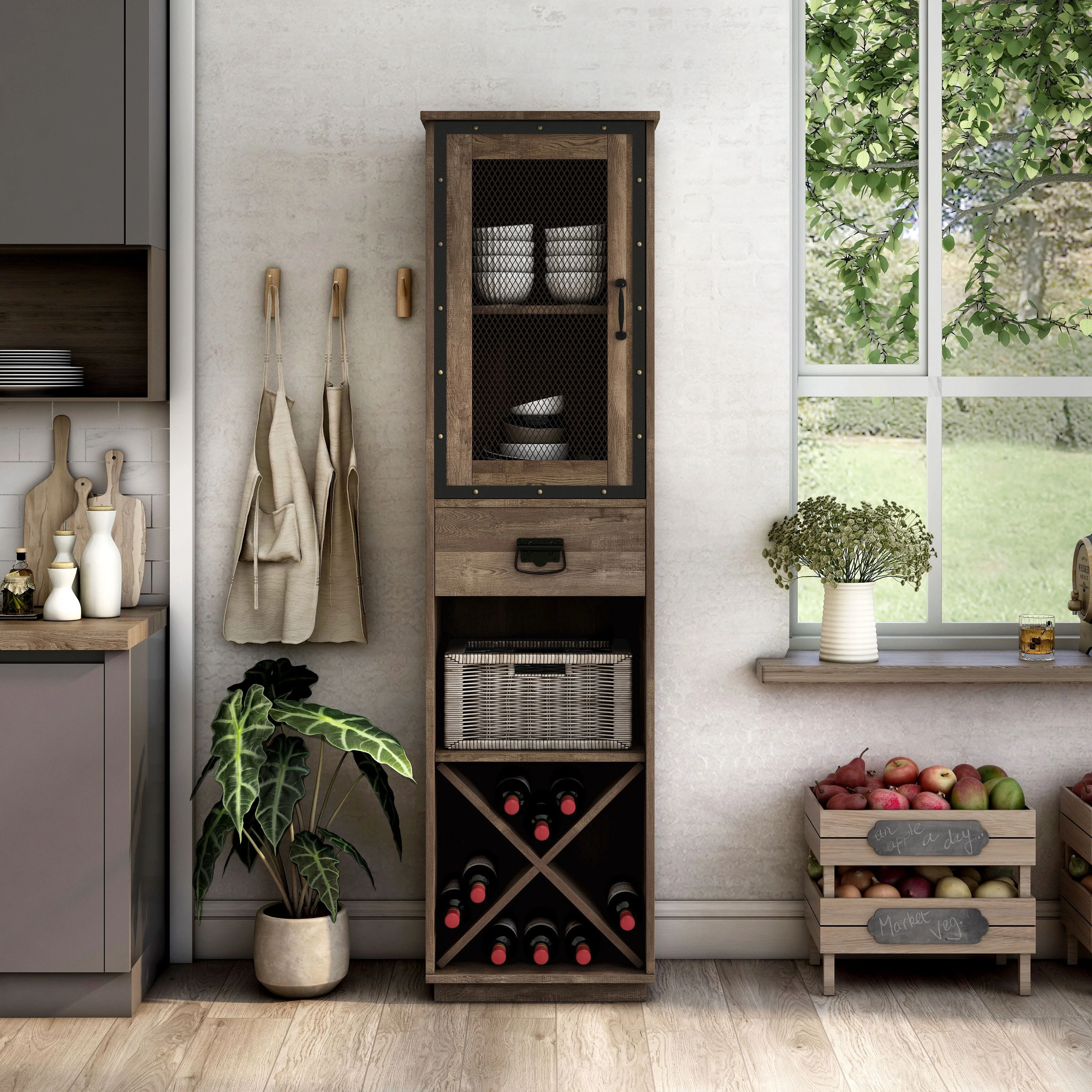 DH BASIC Industrial 3-shelf Tower Cabinet with Wine Bottle Storage by Denhour