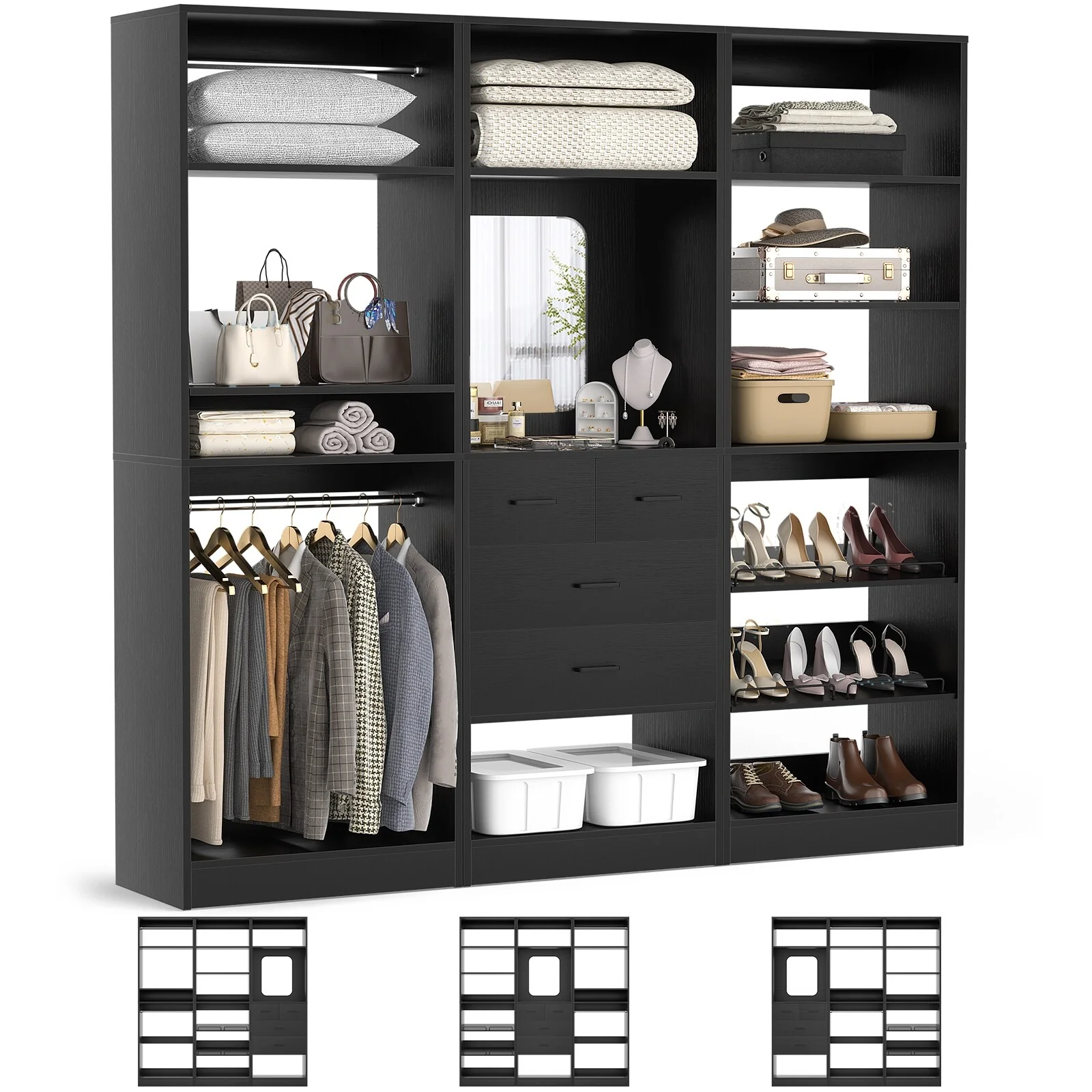 Cimly Set of 3 Freestanding Closet System with Drawers and Shoe Racks, 75'' Closet Organizer with Hanging Rods and Mirror