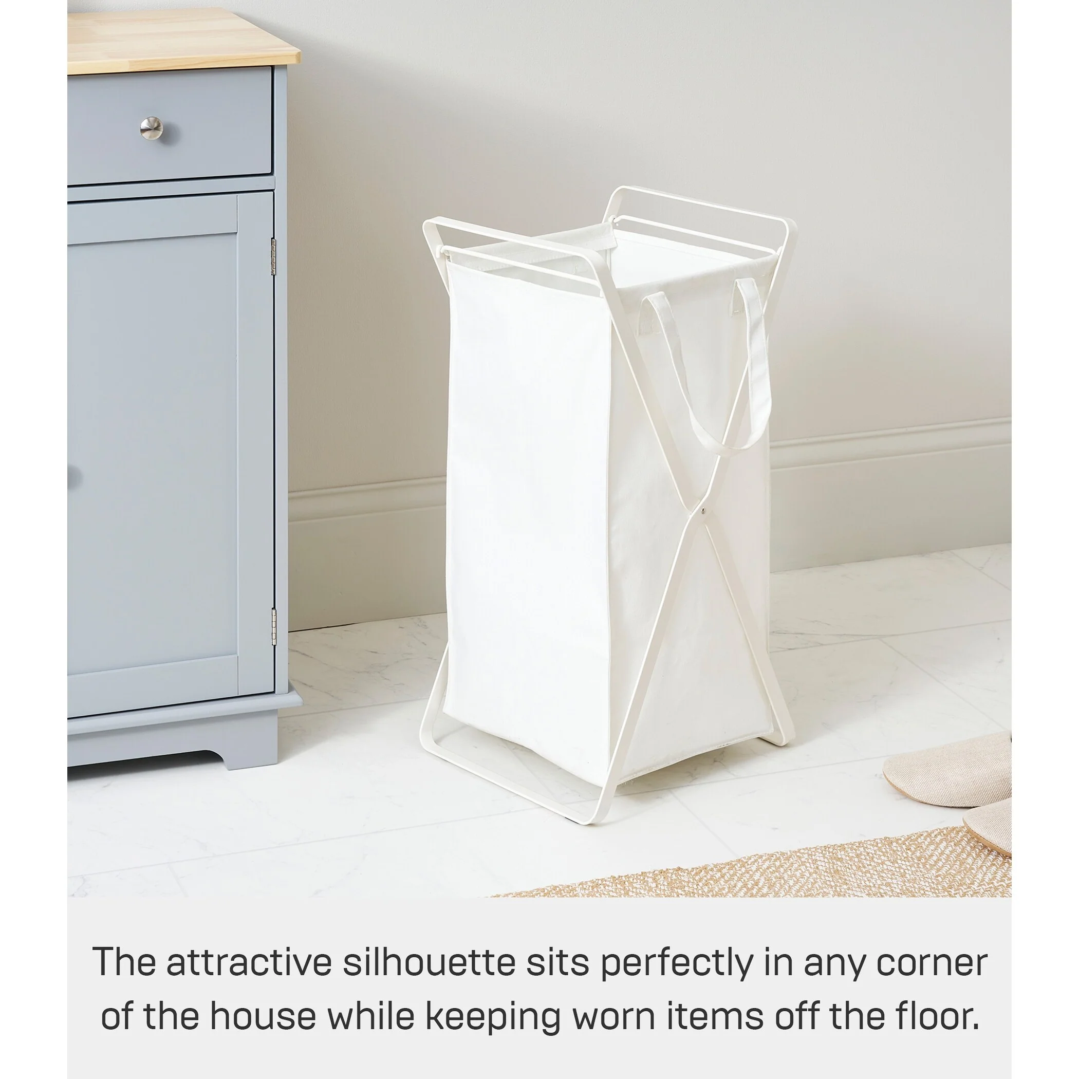 Yamazaki Home Laundry Hamper with Cotton Liner - Two Sizes, Steel and Cotton, Small, 12 gallons, 45 liters, Collapsible