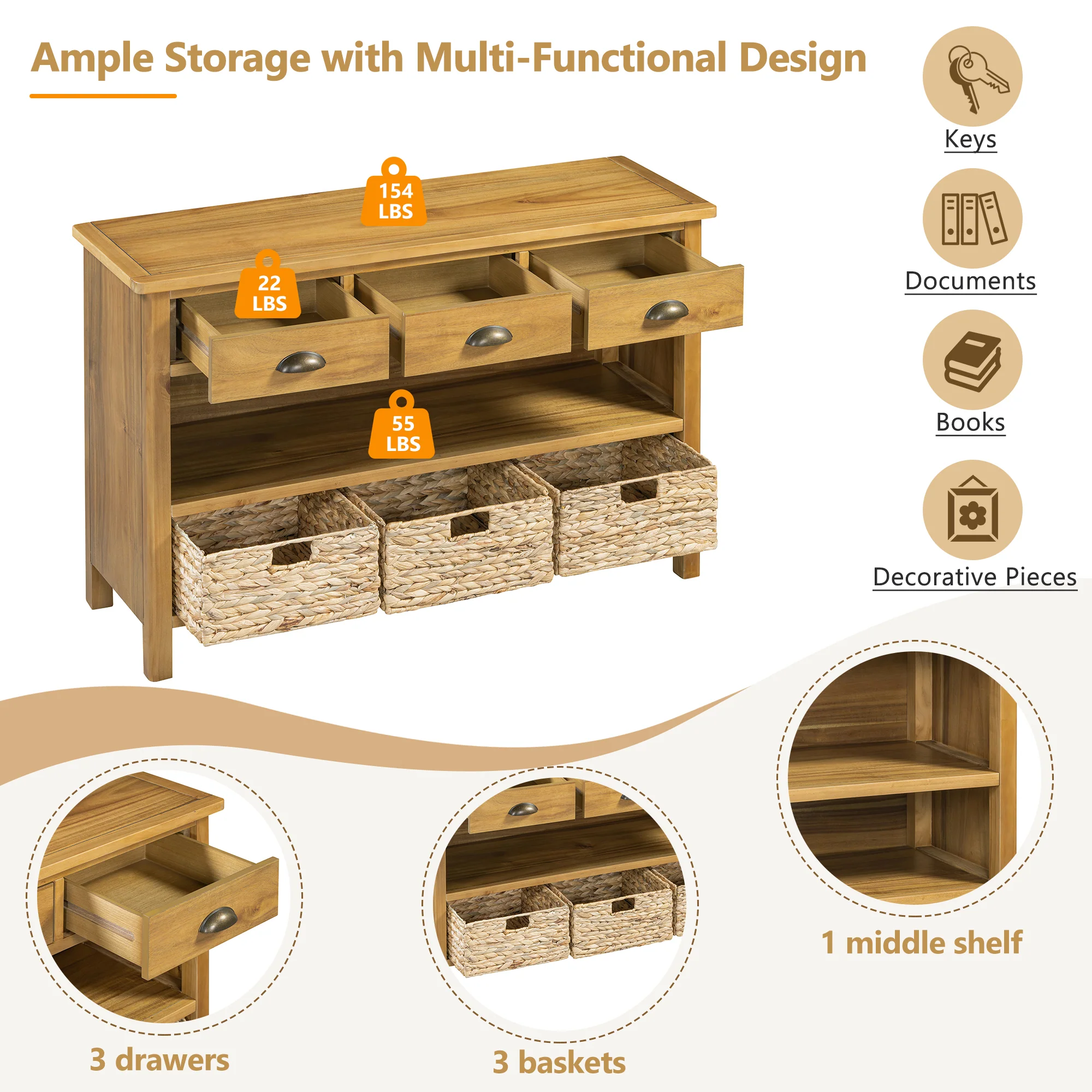 Coronate Console Table with Drawers and Water Hyacinth Woven Baskets