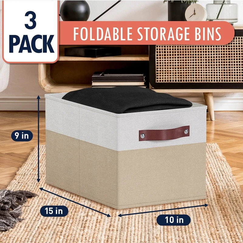 3 Pack Collapsible Shelf Basket Rectangle Storage Bins with Faux Leather Handles