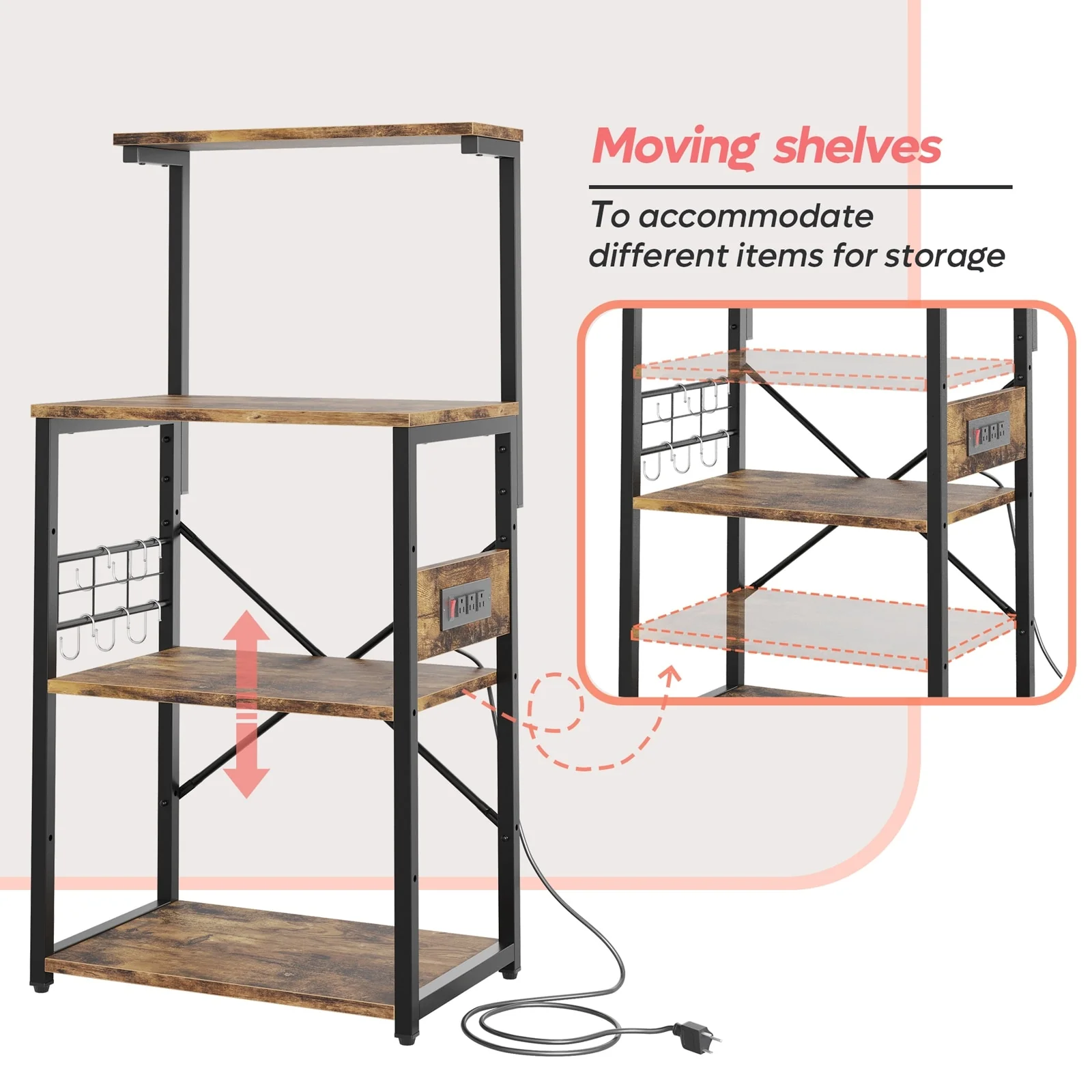 Kitchen Bakers Rack with Storage Shelves &USB Outlets, Microwave Oven Stand Kitchen Shelf Organizer