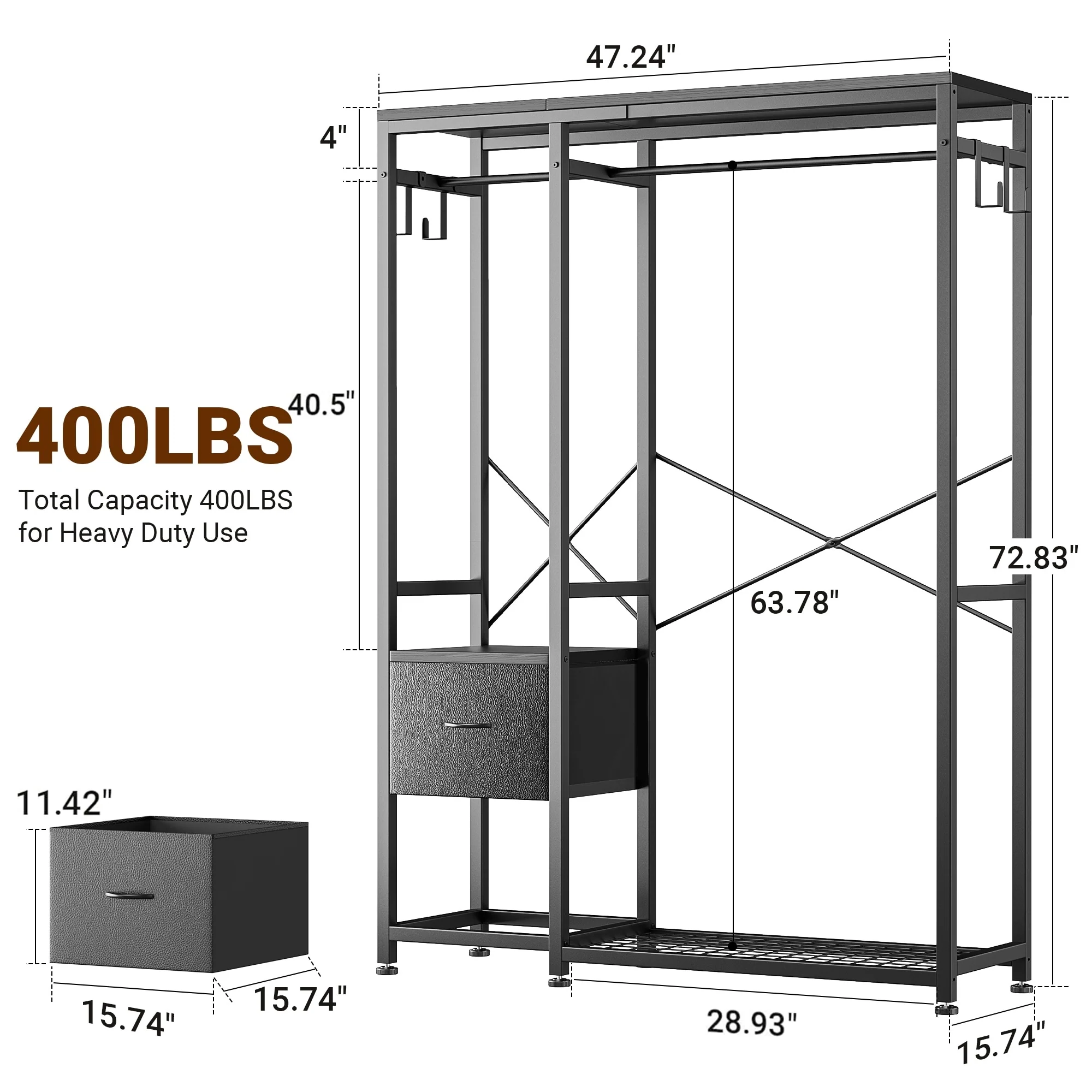 Clothes Rack, Closet Organizer with Storage Shelves, Hanging Bar, Drawers - 47.24