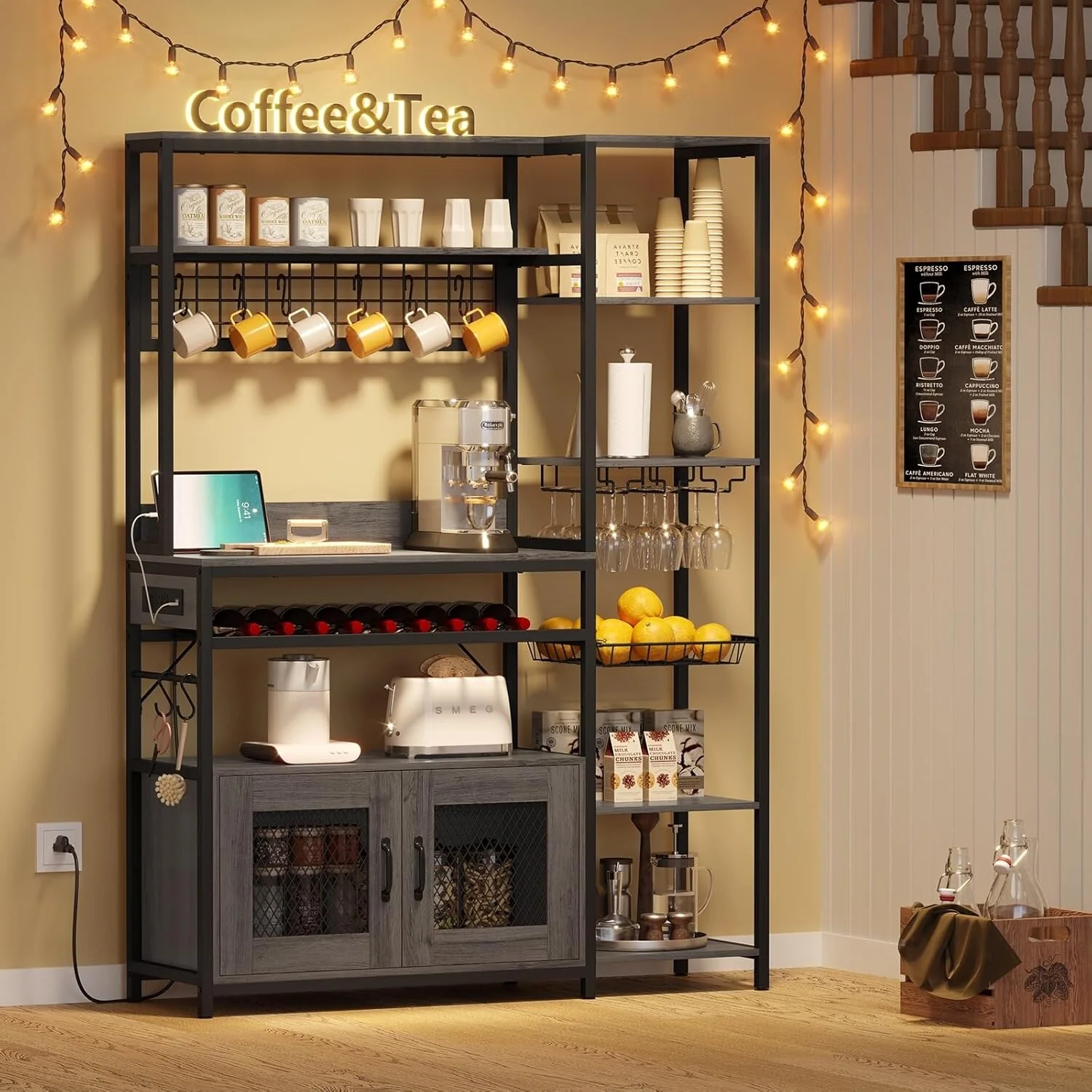 47.2 in Bakers Rack with Power Outlet Coffee Bar with Cabinet