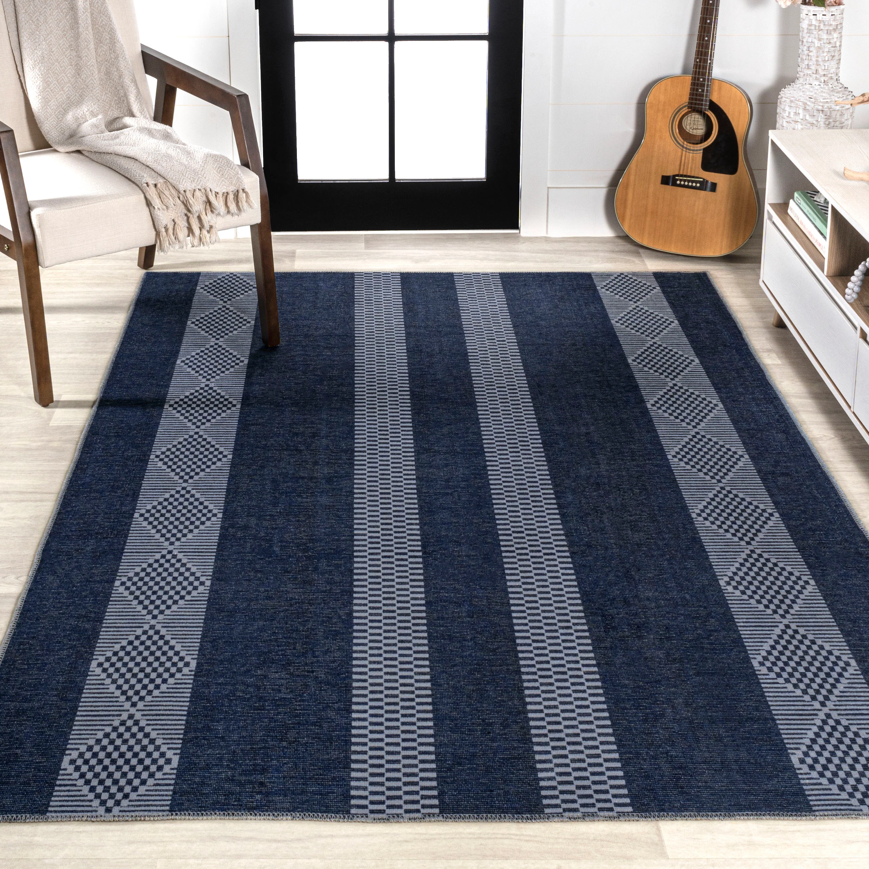 Nautisk Trellis Stripe Machine-Washable Area Rug