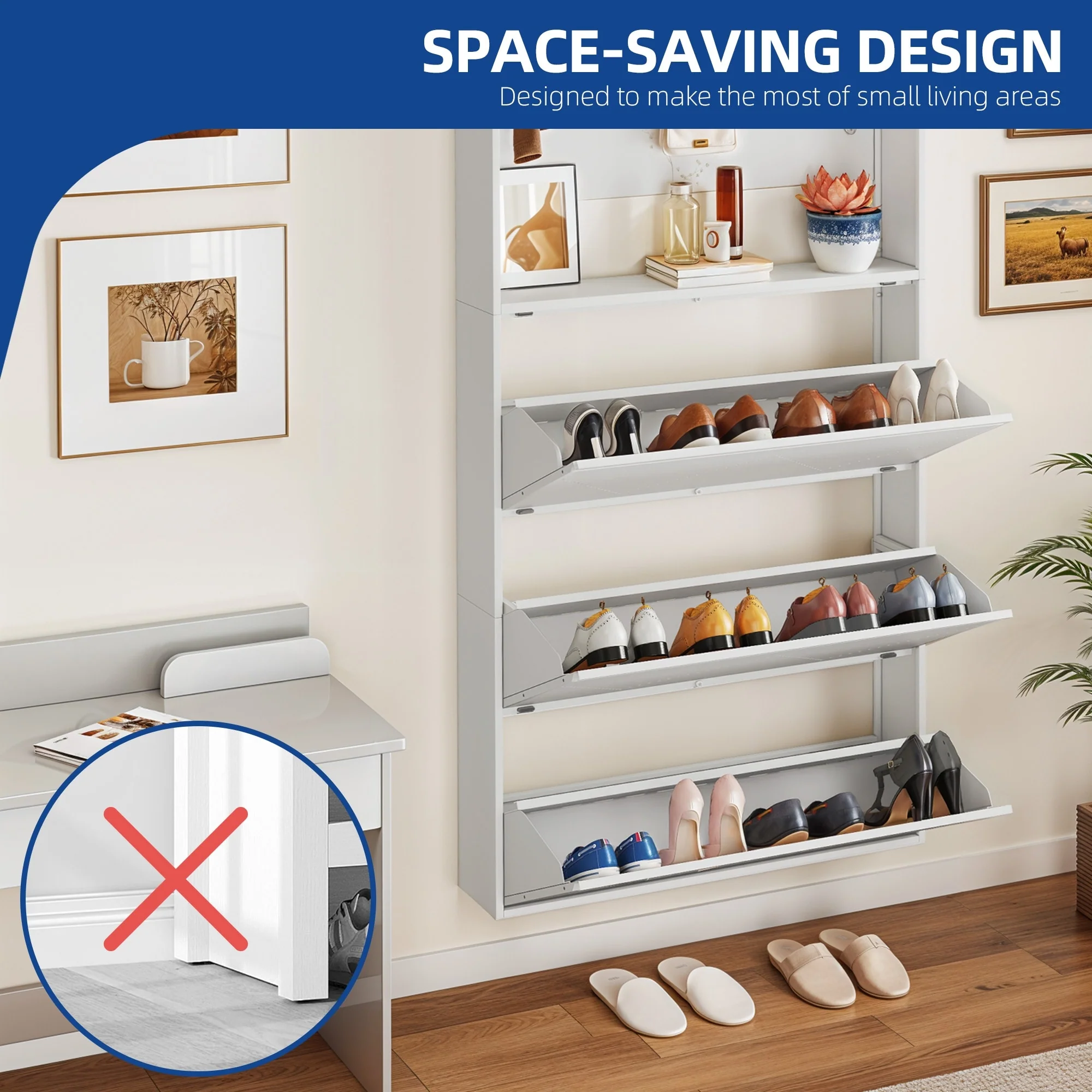 Moasis Wall-Mounted Shoe Cabinet with 3 Flip Drawers, Shoe Organizer with Hanging Bars and Hooks