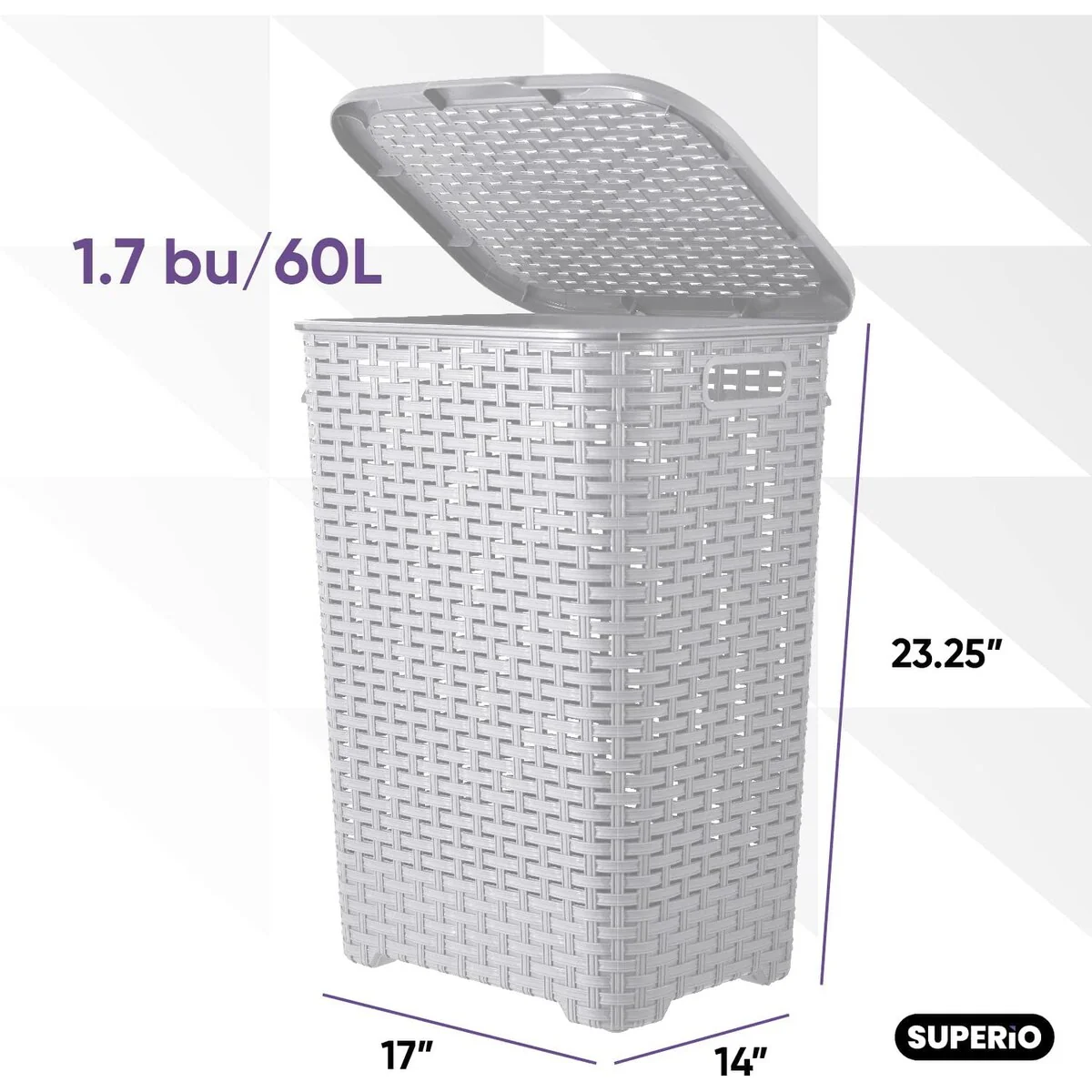 Superio Plastic Wicker Laundry Hamper with Lid Large Capacity - Capacity: 60l
