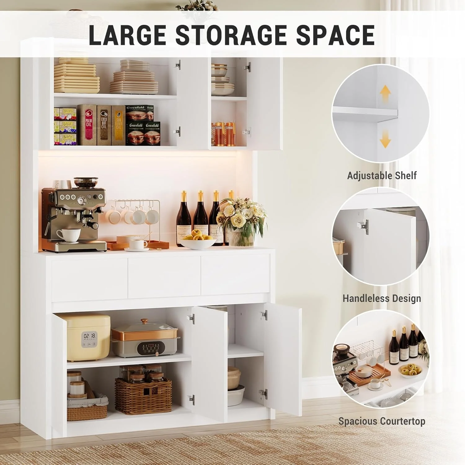 Large Kitchen Pantry with Microwave Countertop and LED Lights