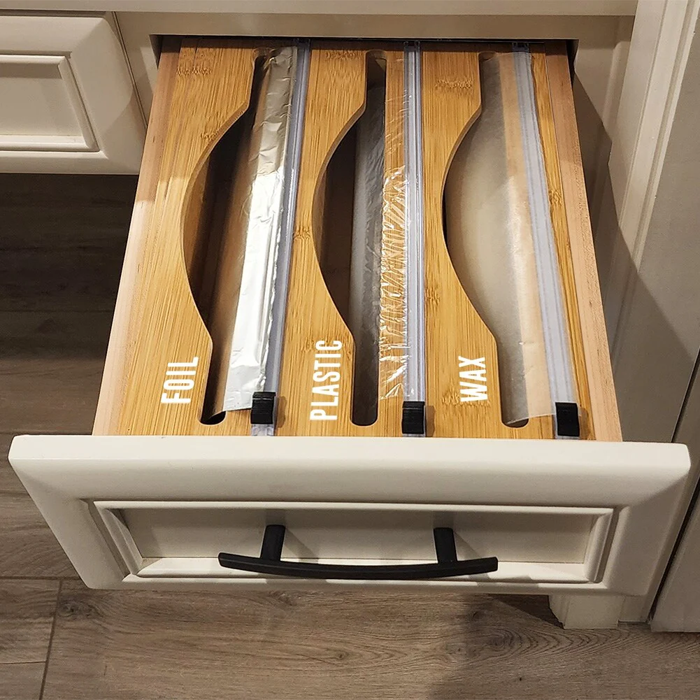 Luxe Bamboo Plastic Wrap/Wax Paper/Aluminum Foil Dispenser for Drawer or Wall Mountable - Cling Wrap / Tin Foil Kitchen Holder