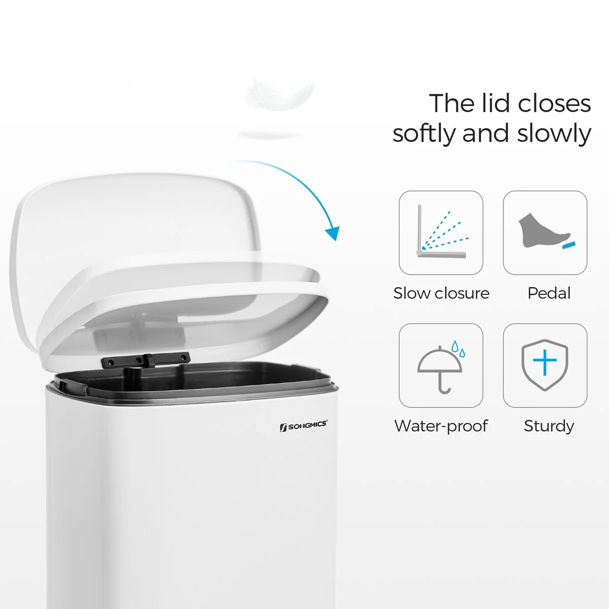 SONGMICS 13.2 Gallon Trash Can, Stainless Steel Garbage Can, White