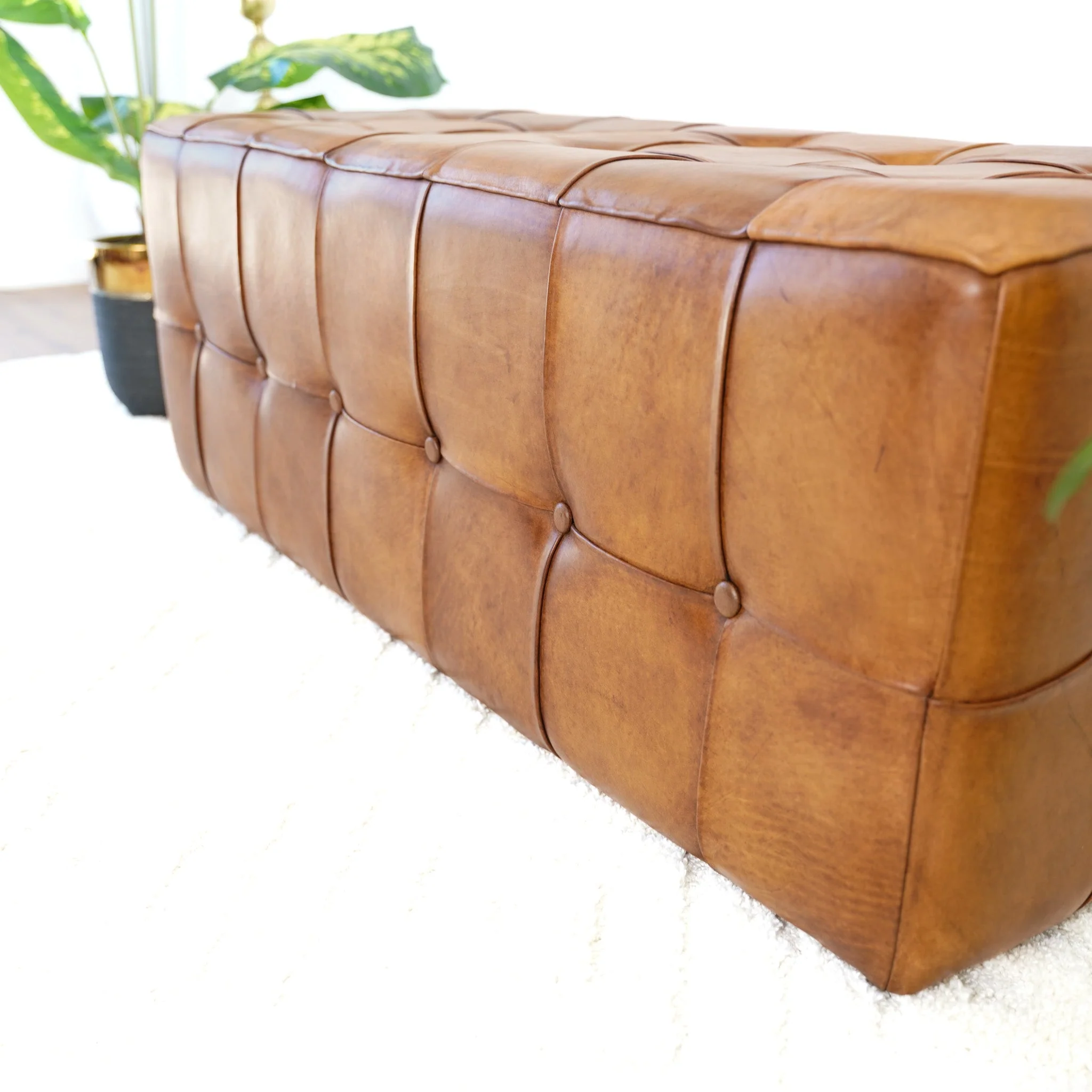 Benjiro Mid-Century Modern Tan Leather Tufted Ottoman