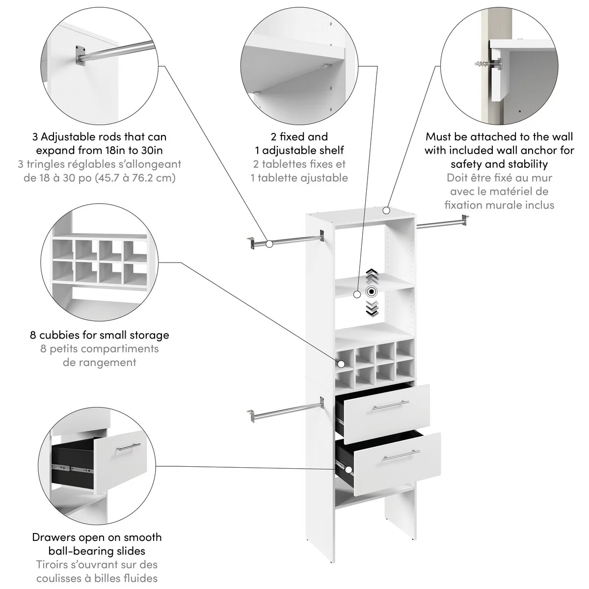 Carina Closet 24W Organizer with Rods, Drawers, Cubbies by Bestar
