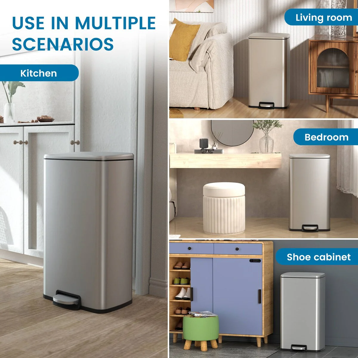 Innovaze 8 Gal./30 Liter Rectangular Stainless Steel step-on Trash Can for kitchen