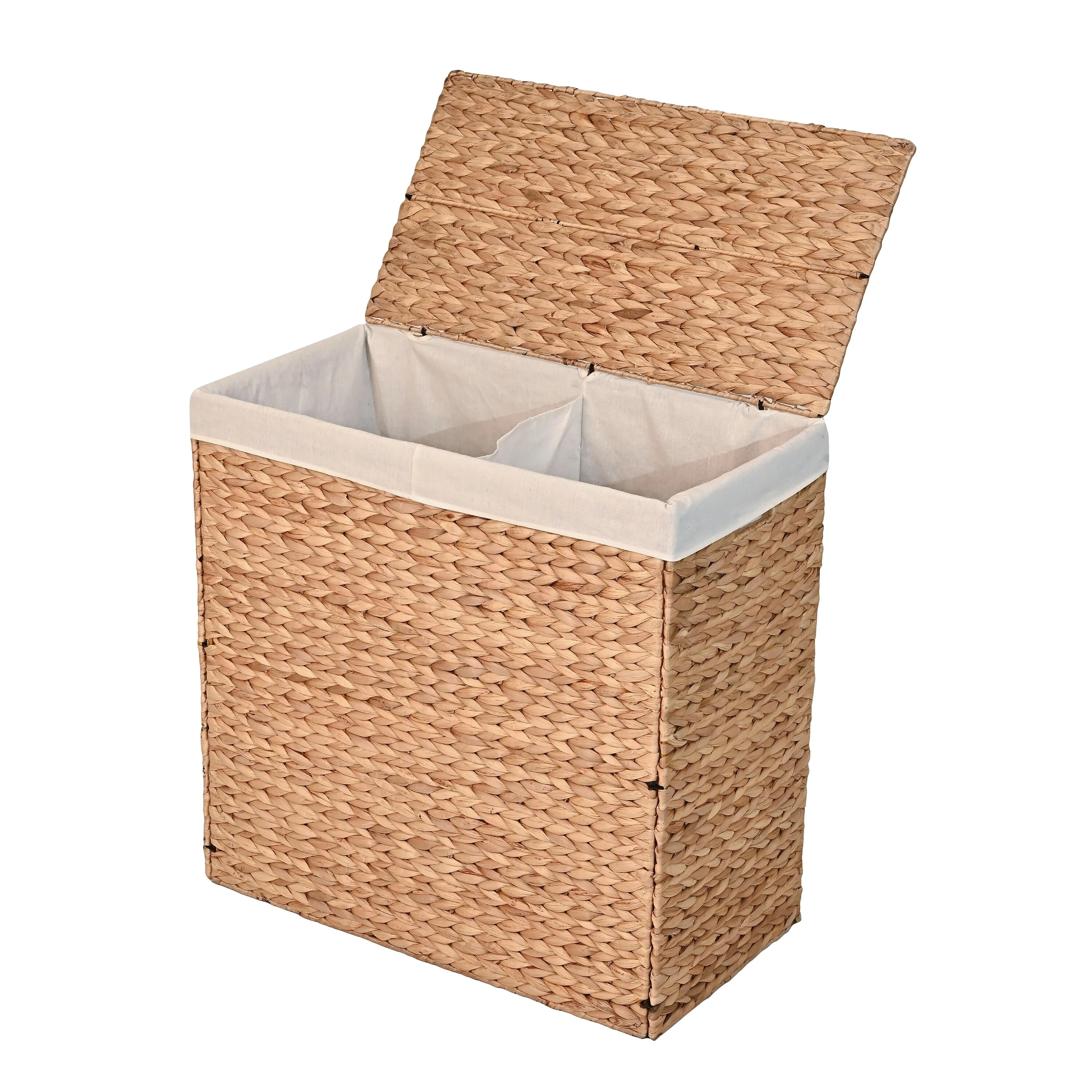 Handwoven 2-Section Collapsible Laundry Hamper, Washable Liner