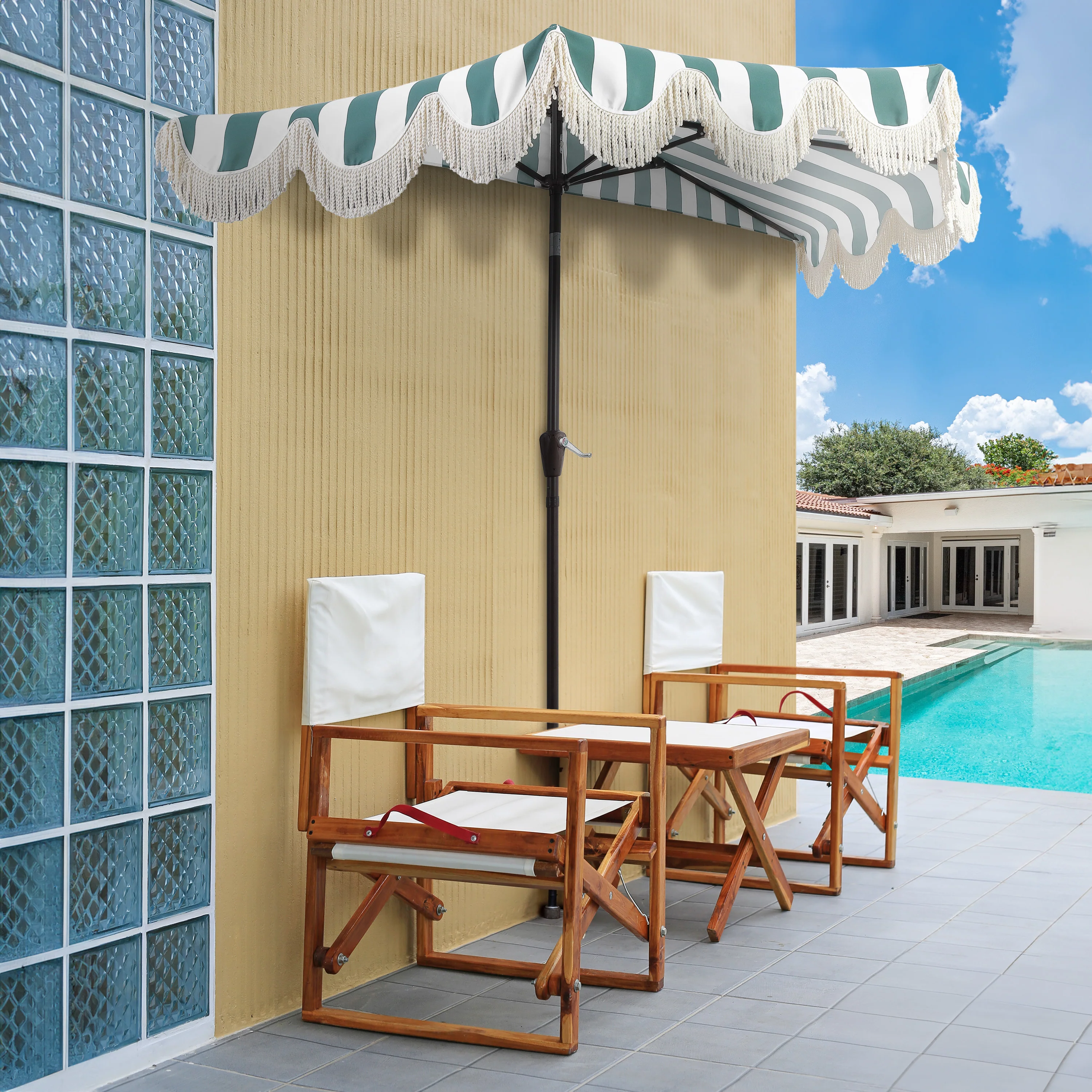 Beverly Stripe Designer Classic Scalloped Fringe Half Market Patio Umbrella with Crank