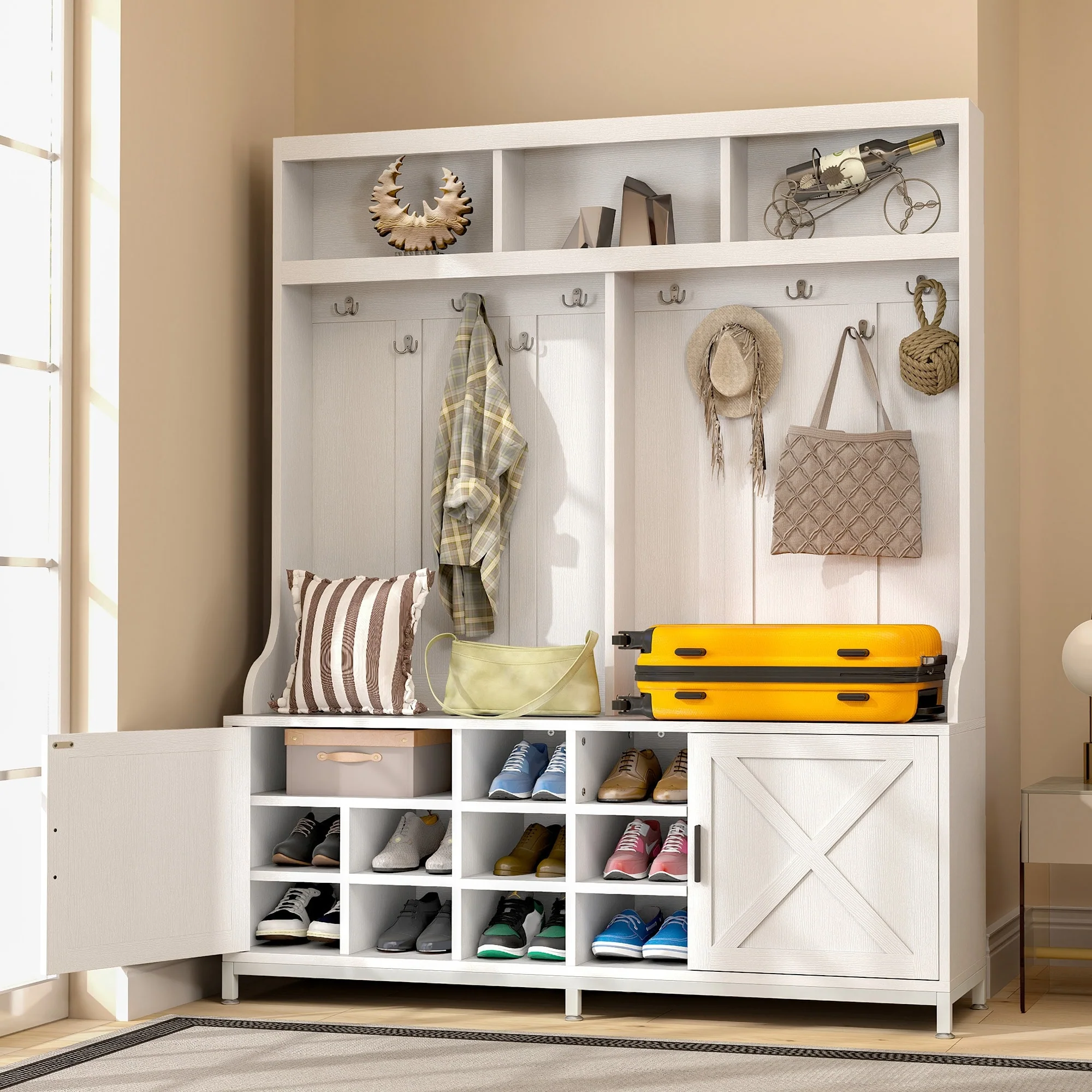 Moasis Farmhouse Hall Tree with Bench and Shoe Storage with 10 Hooks for Entryway