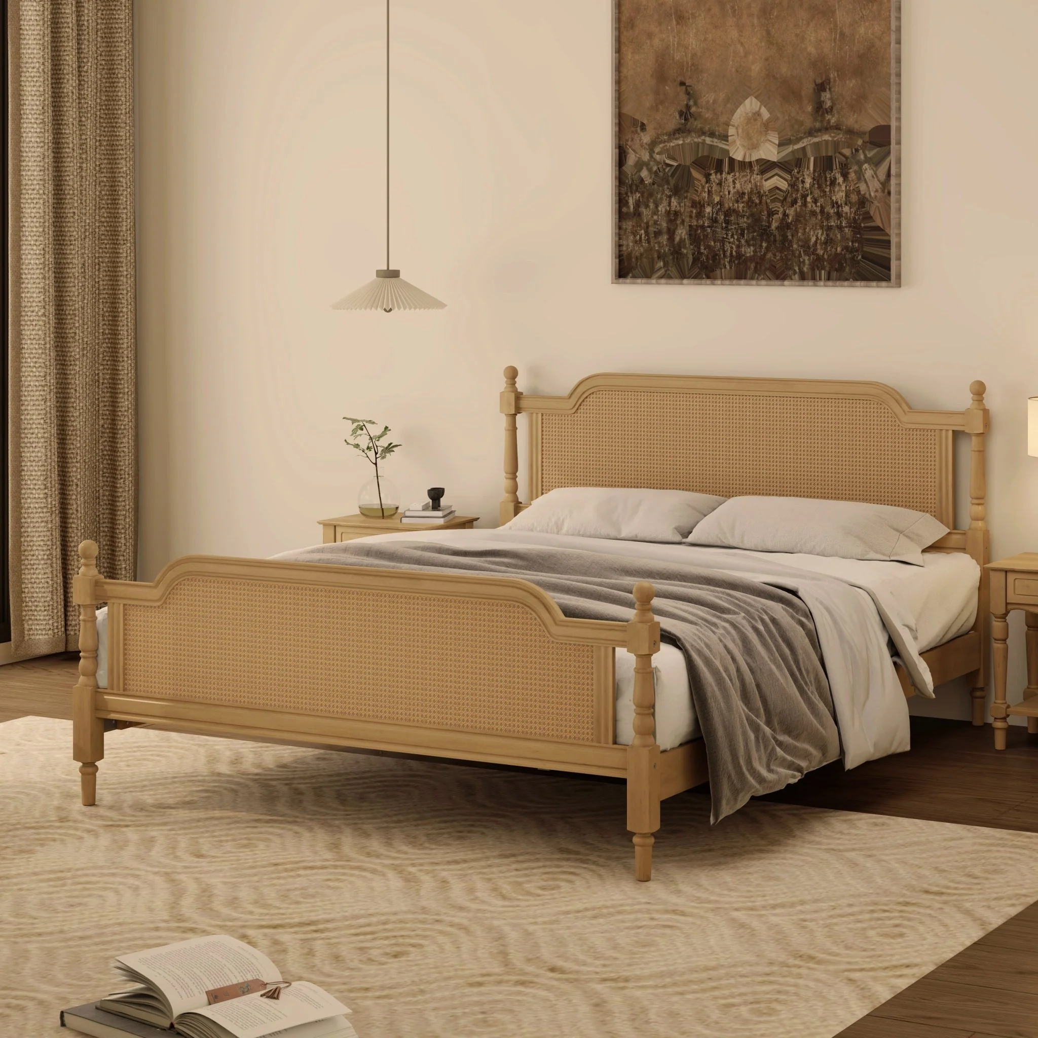 Excelsis Rattan Bed Frame with Fluted Legs, Antique Walnut