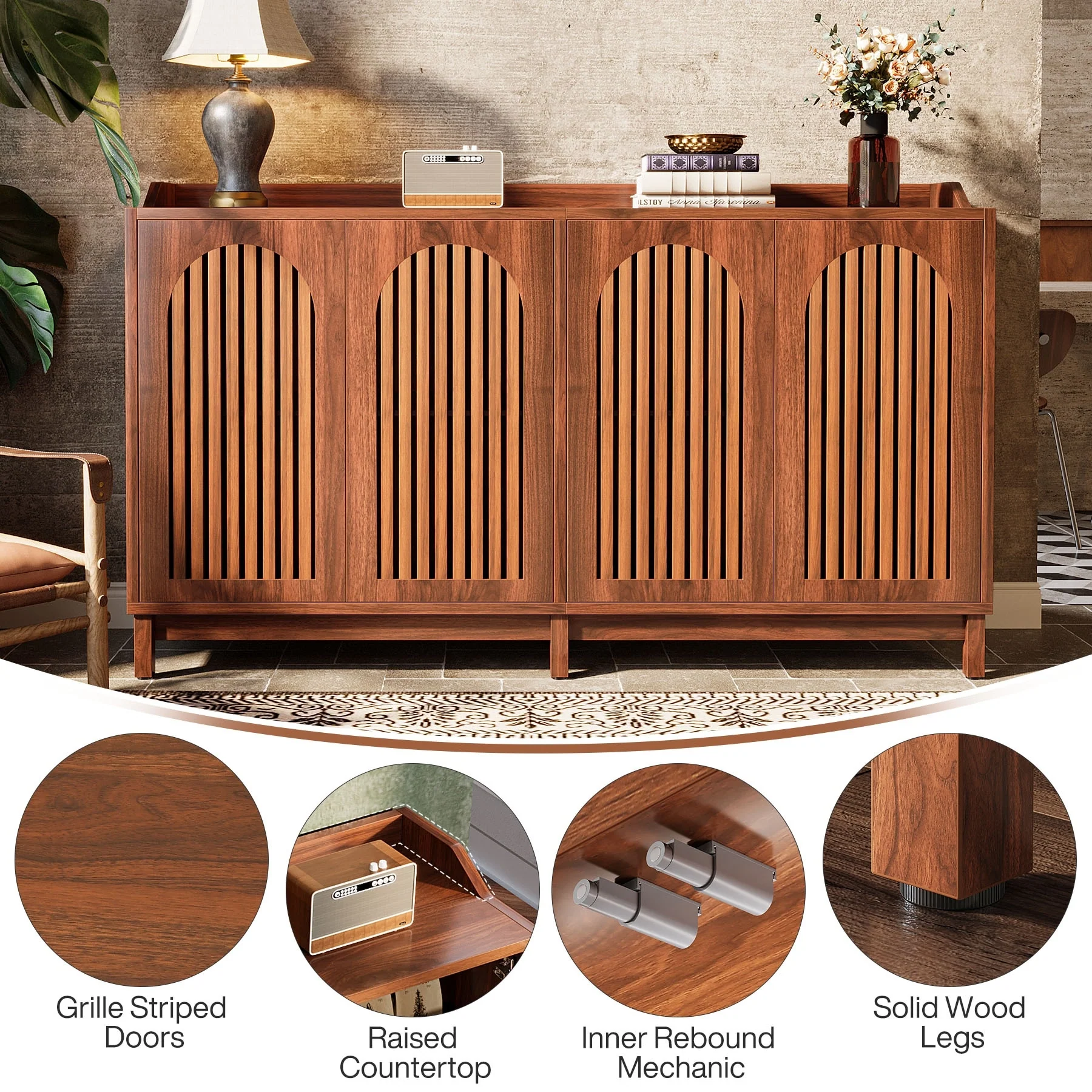 57” Farmhouse Sideboard Buffet Cabinet with Doors and Adjustable Shelf