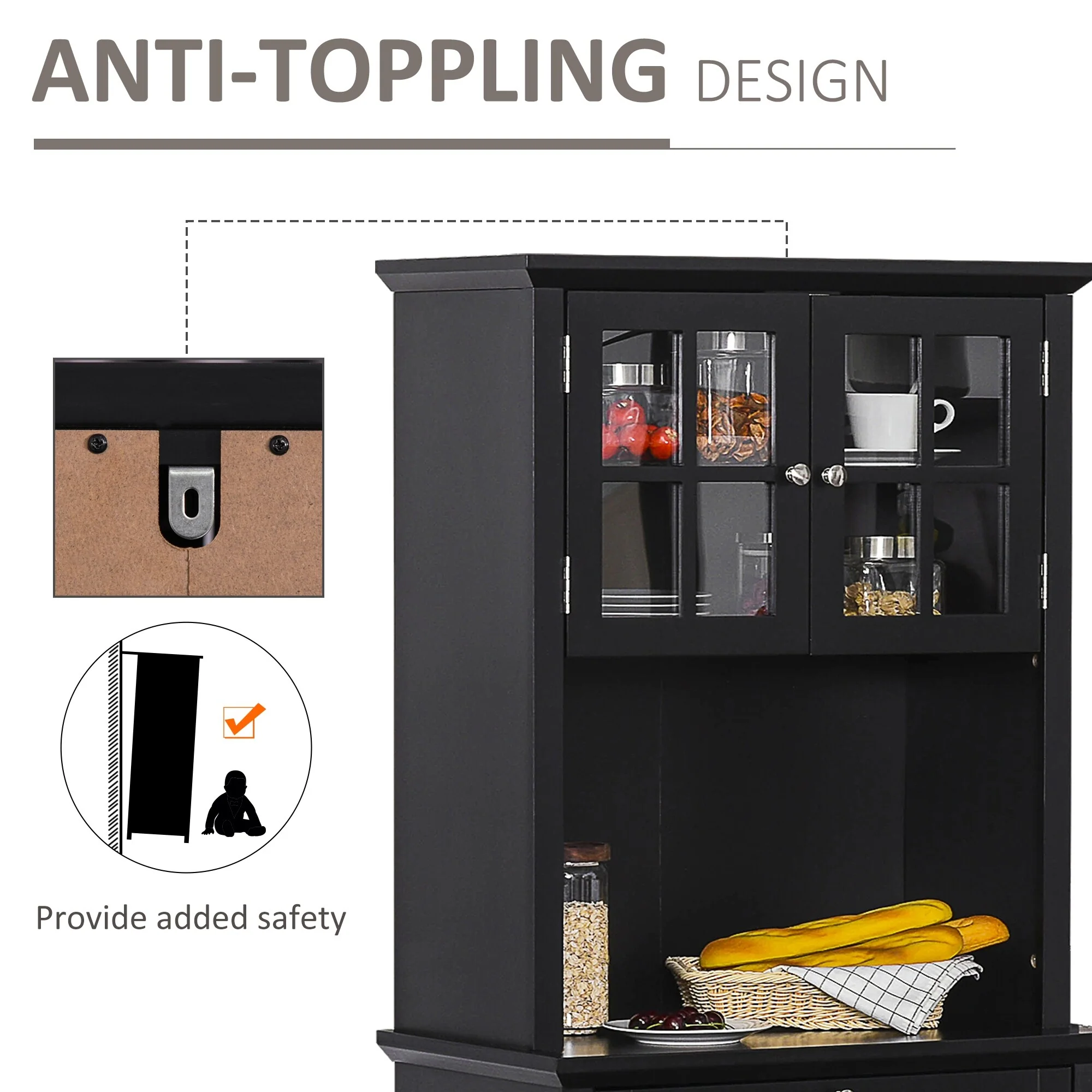 HOMCOM Kitchen Buffet Hutch Wooden Storage Cupboard with Framed Glass Door, Drawer and Microwave Space - 27