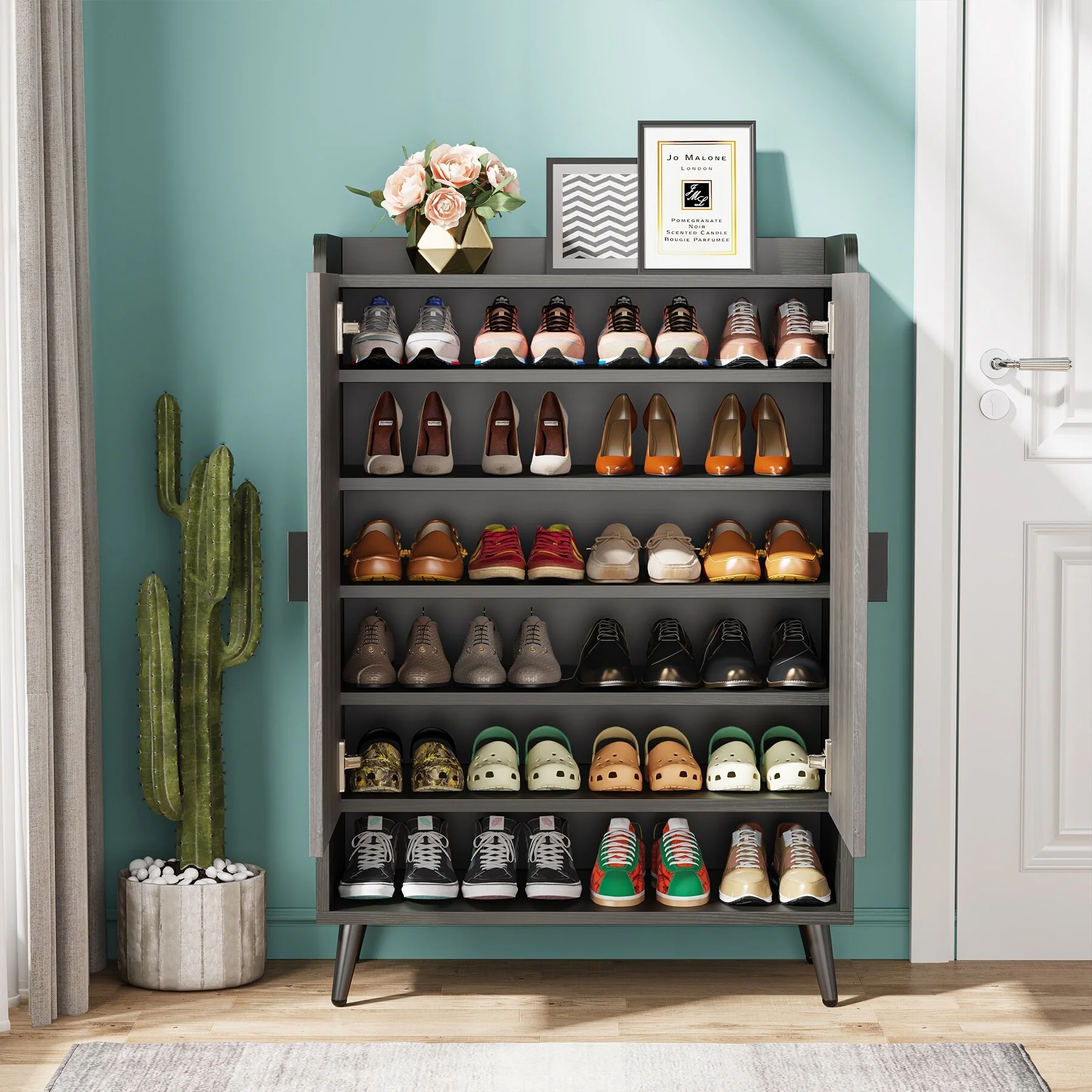 Shoe Cabinet with Doors, Entryway Shoe Storage Cabinet with Adjustable Shelves - 29.6