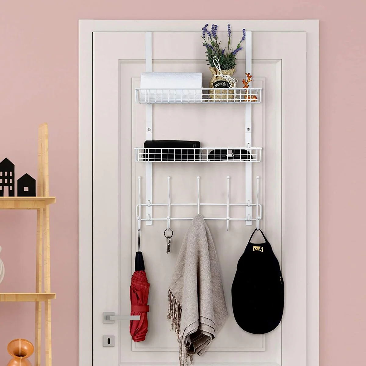 Over The Door Hanger with 2 Mesh Baskets 5 Hooks