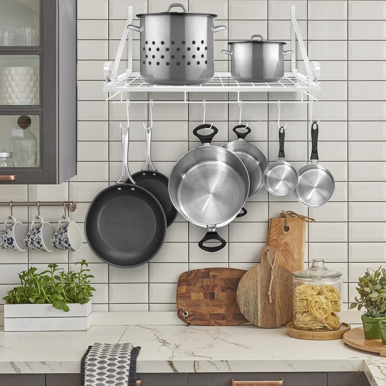 Kitchen Wall Pot Pan Rack,With 10 Hooks,Black