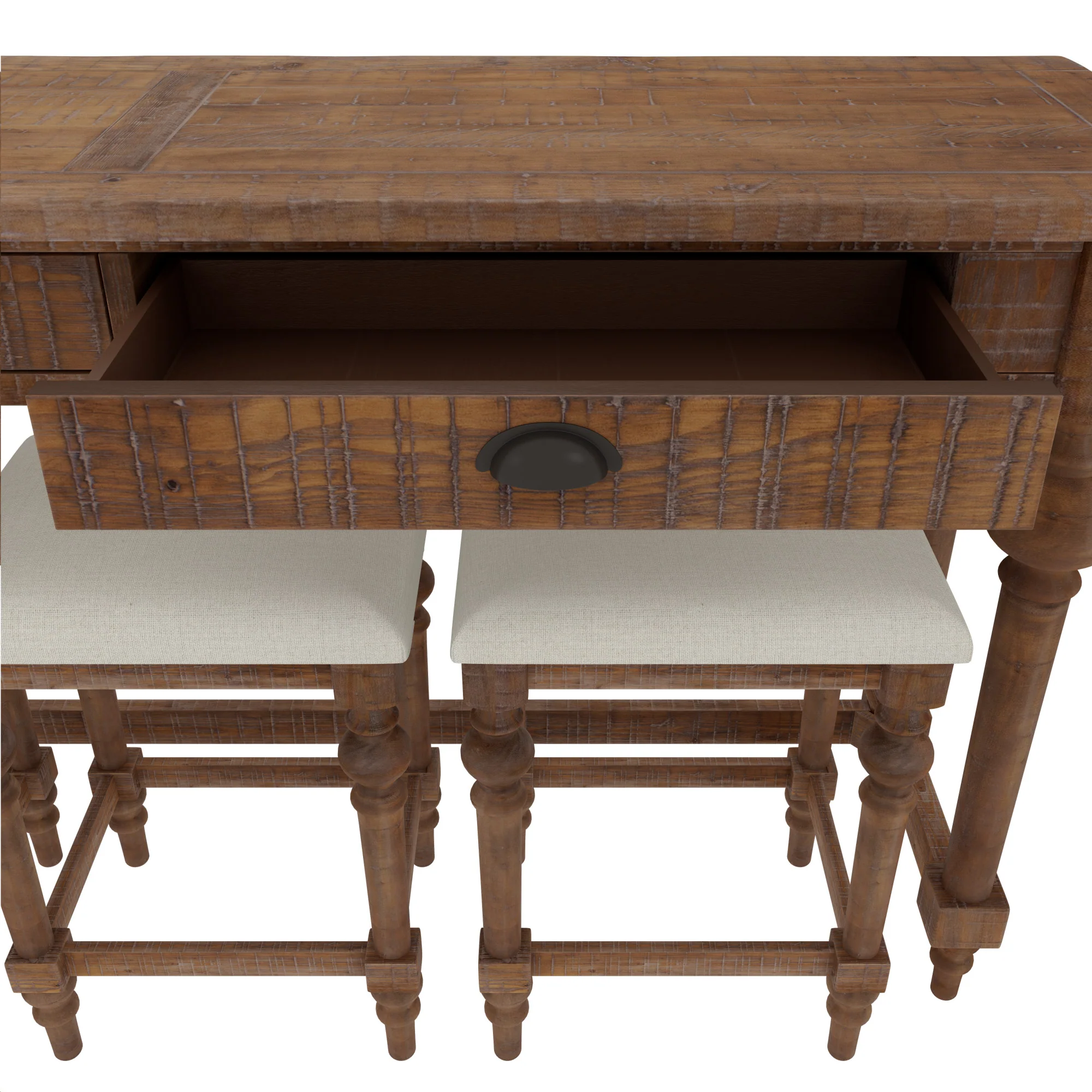 4-Piece Console Table with 3 Stools, 2 Drawers and Turned Legs