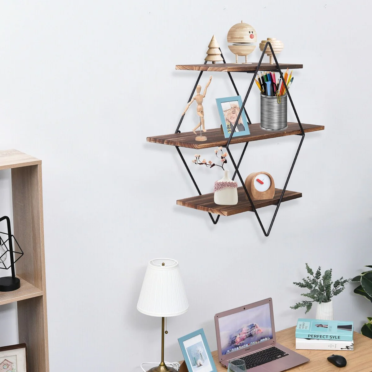 3Tier Metal Wall Shelves in Geometric Diamond for Home Display Storage