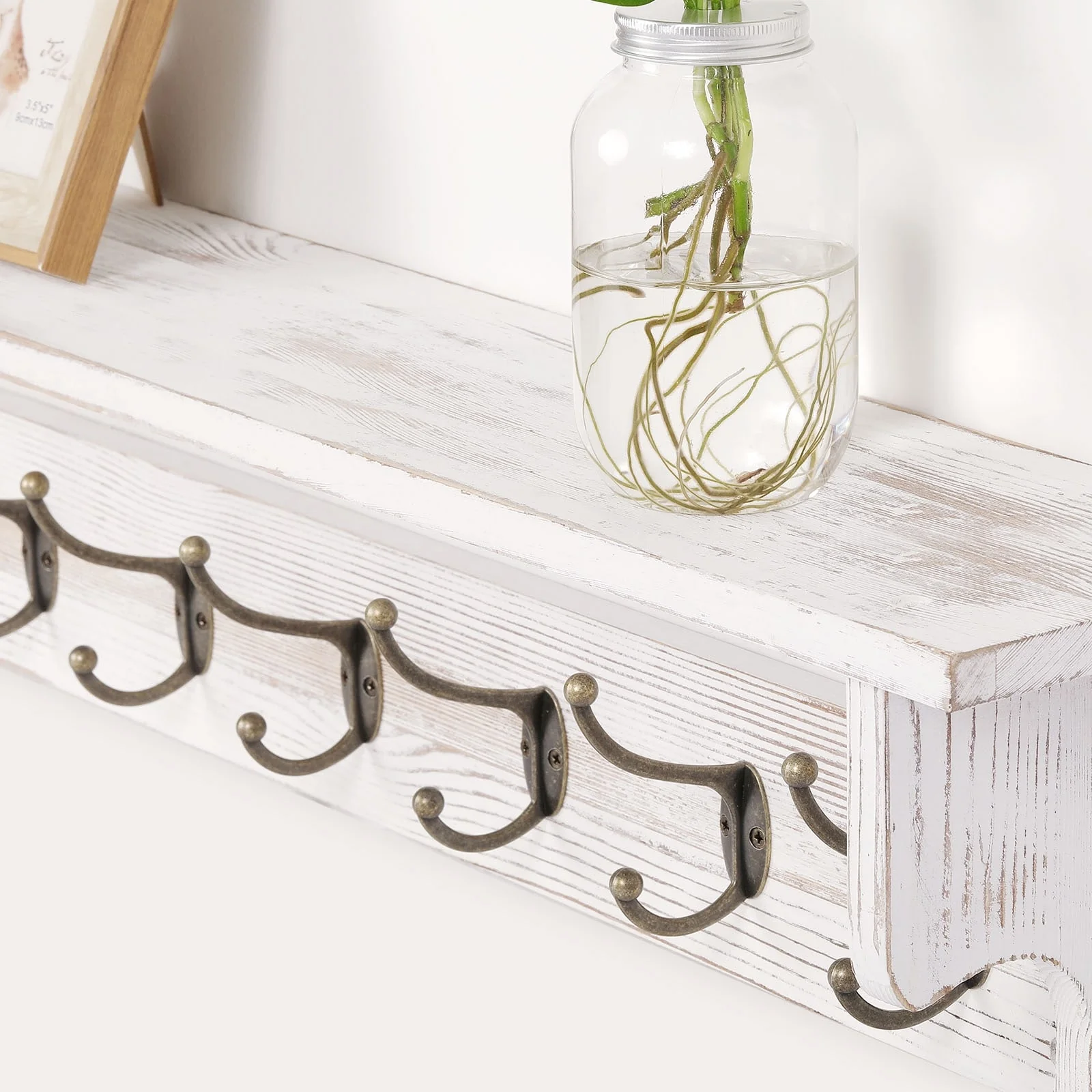 Rustic Wall Mounted Coat Rack with Storage Shelf & Metal Hooks