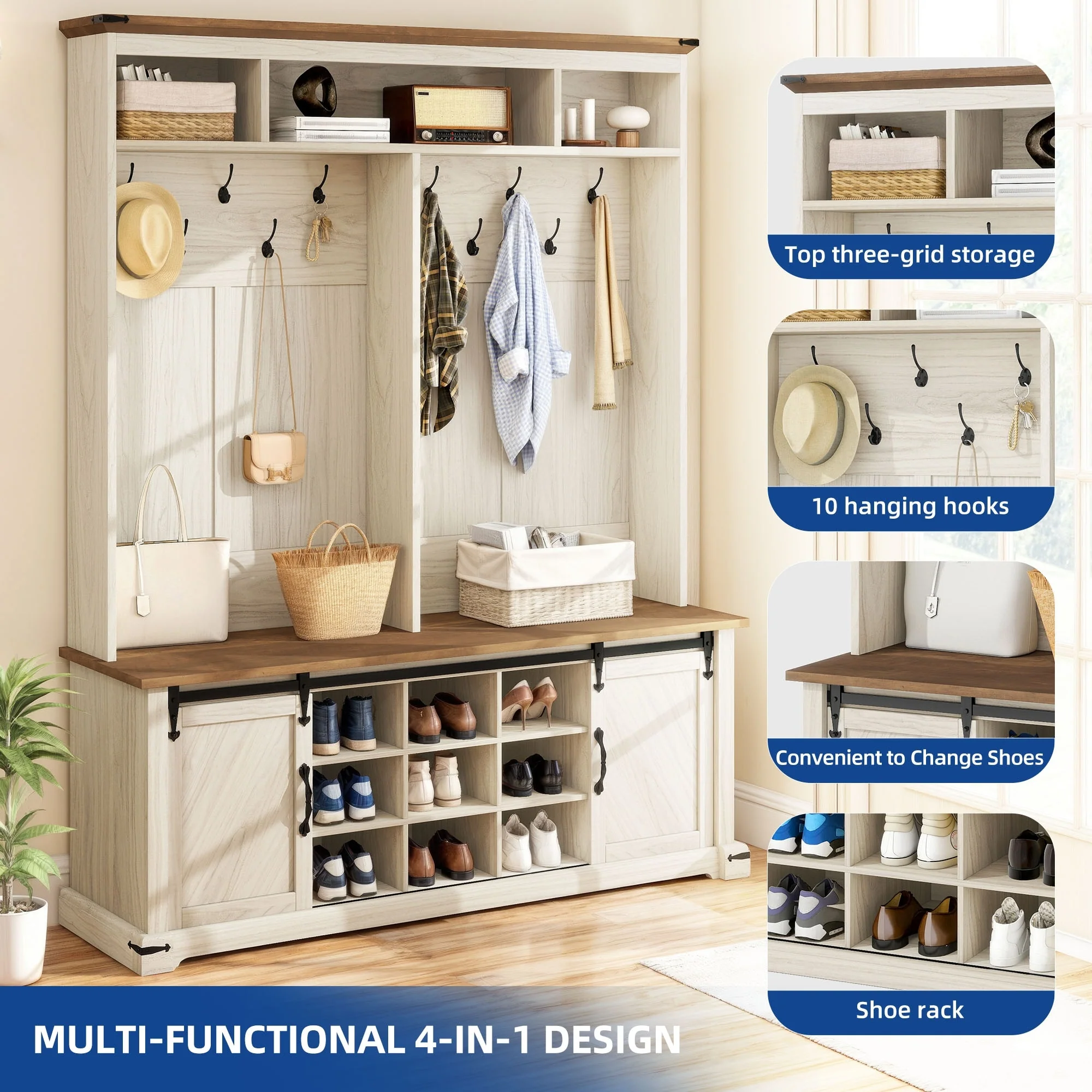 Moasis Farmhouse Hall Tree with Bench and Shoe Storage with 10 Hooks for Entryway