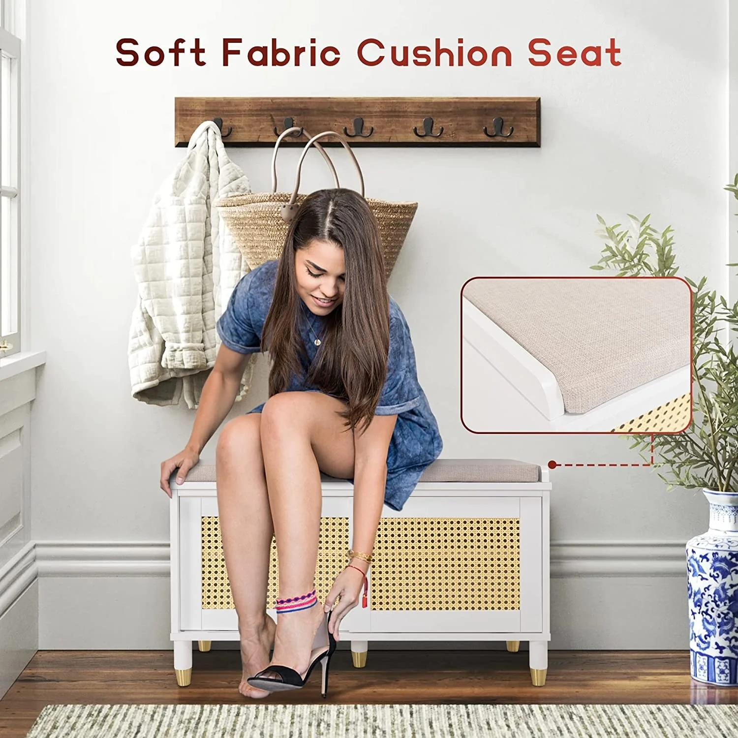 Shoe Storage Bench Cabinet Rattan Style Shoe Cabinet for Entryway