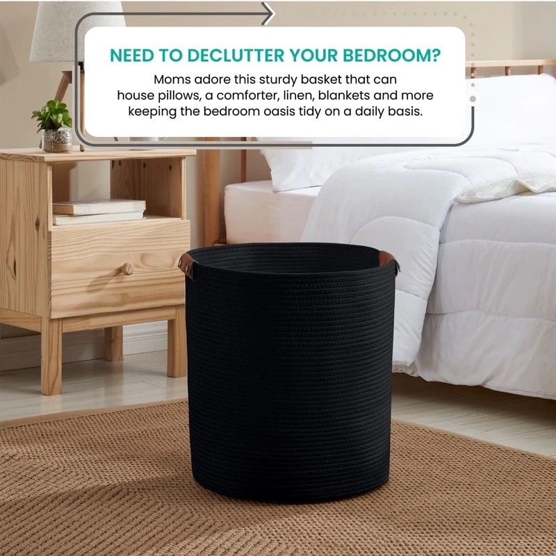 Large Cotton Rope Storage Basket Laundry Hamper Woven Basket with Leather Handles -16 x 18 - 16