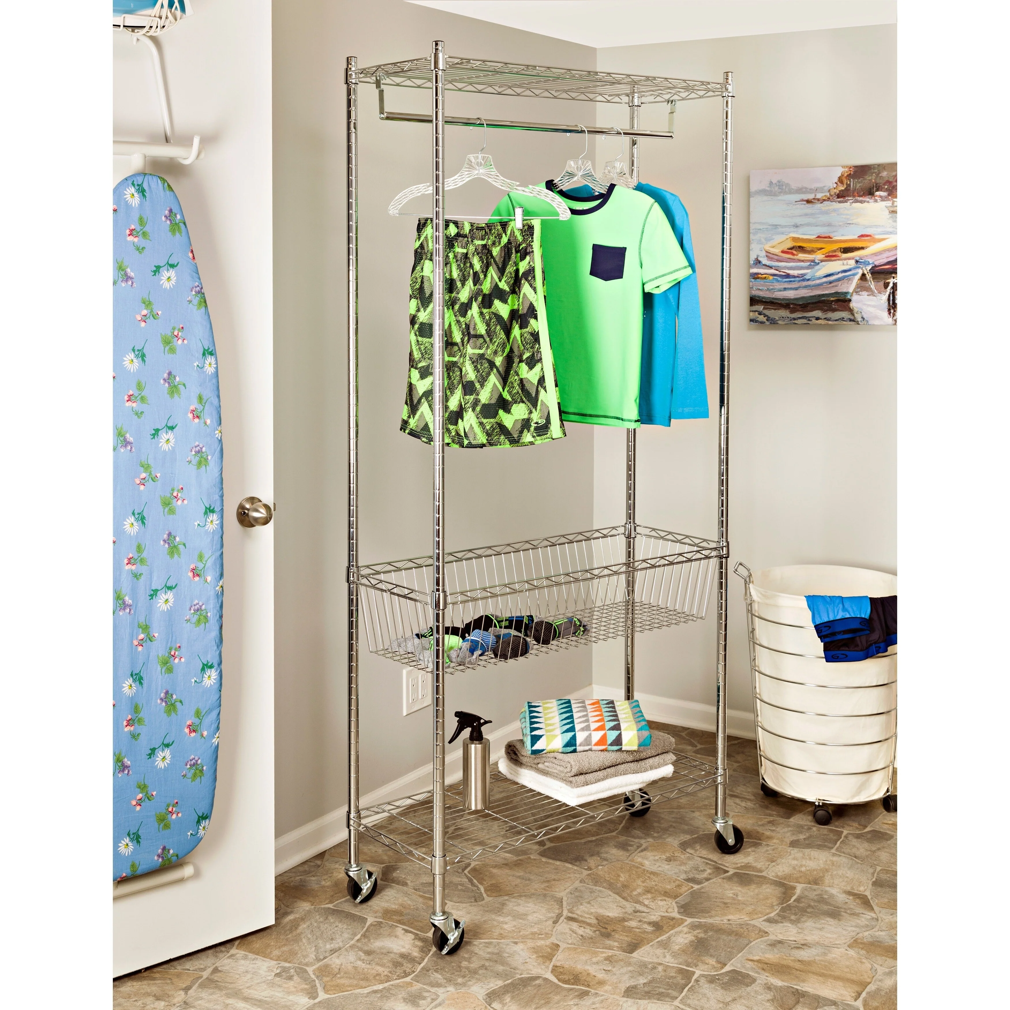 Honey-Can-Do Chrome Steel Rolling Laundry Clothes Rack with Shelves