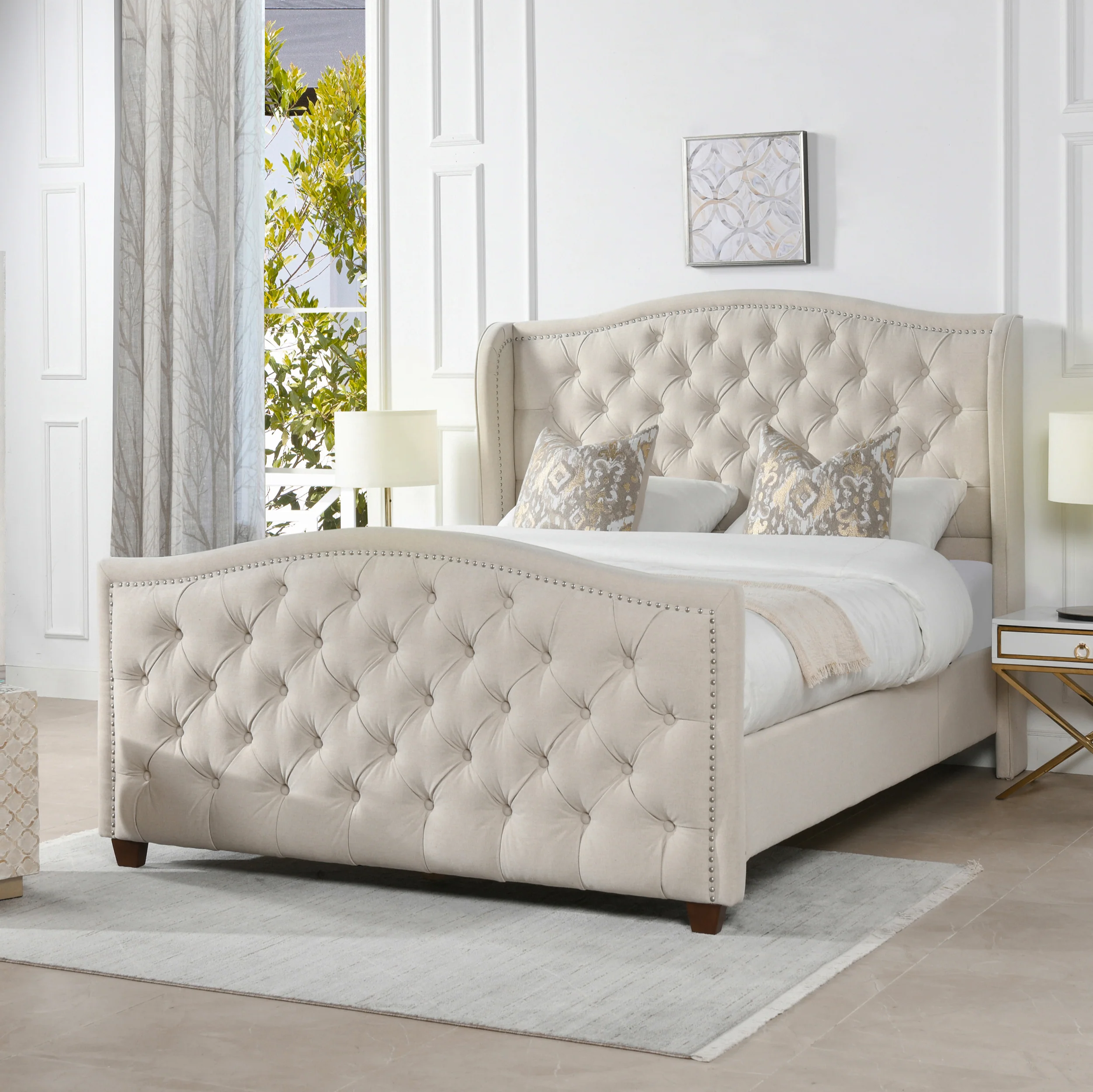 Queen Size Upholstered Bed with Button Tufting and Nailhead Trim