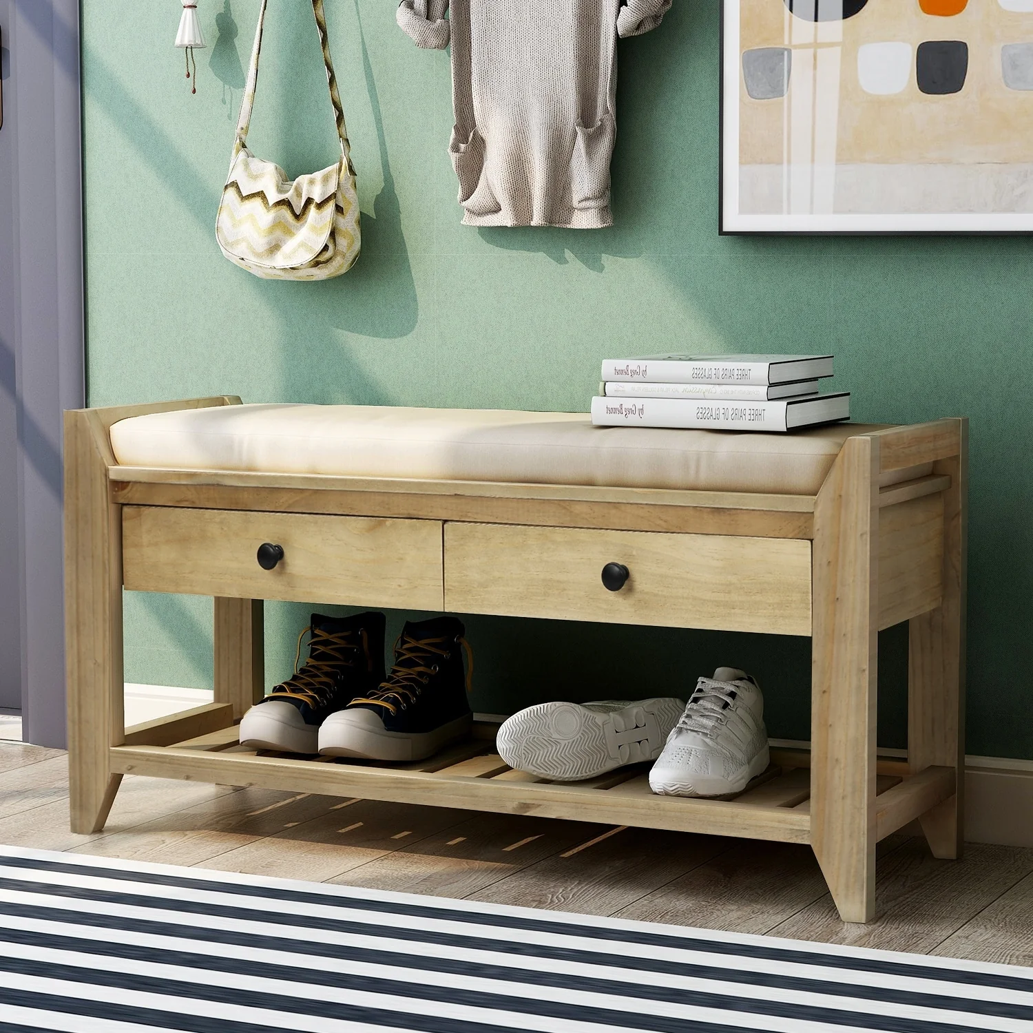 TREXM Shoe Rack with Cushioned Seat and Drawers