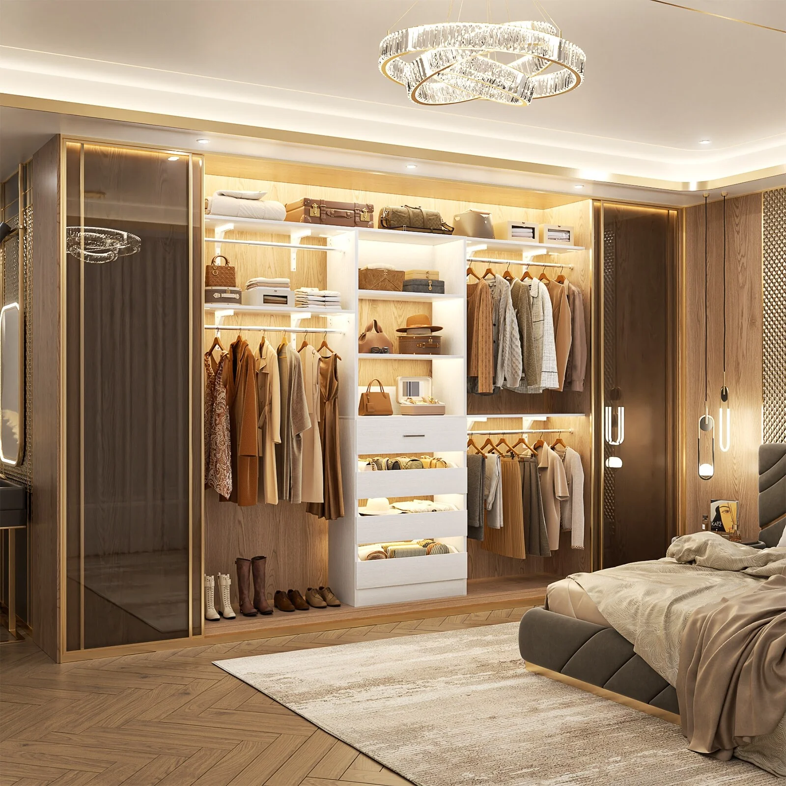 Rackcog 96'' Closet System with 4 Drawers and 4 Hanging Rods, 8FT Wood Closet Organizer for Walk-in Closet