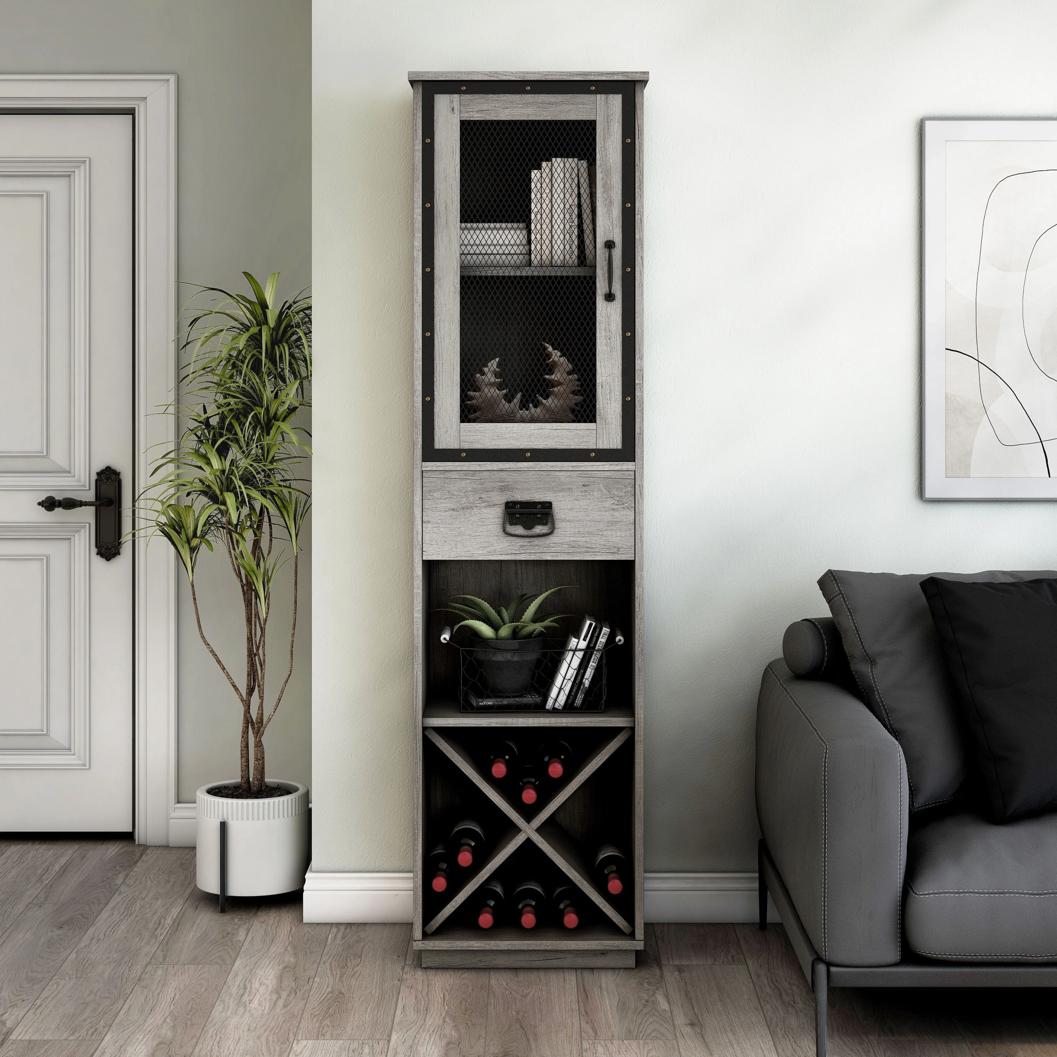 DH BASIC Industrial 3-shelf Tower Cabinet with Wine Bottle Storage by Denhour