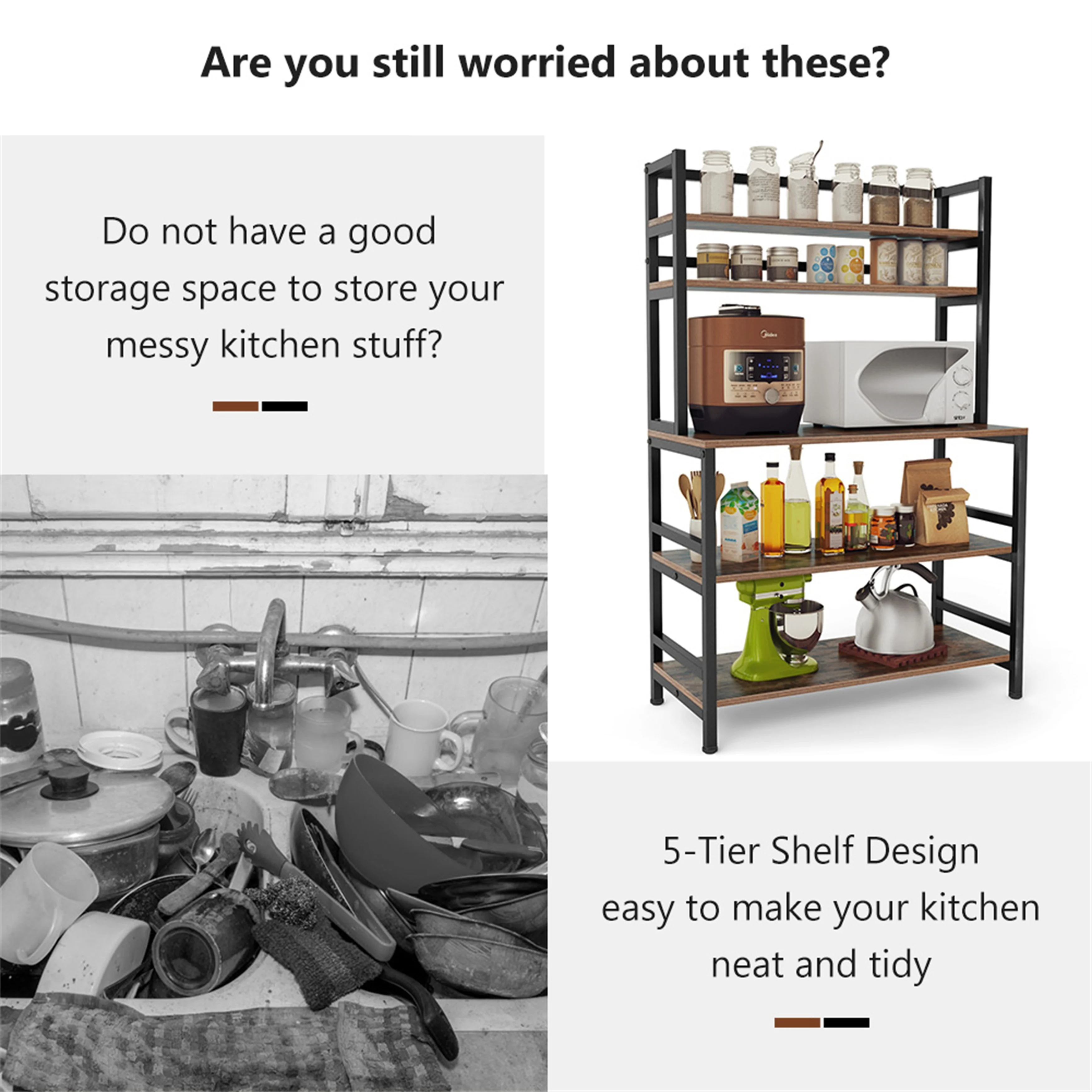 Brown/ Black 5-Tier Industrial Kitchen Bakers Rack Microwave Stand with Hutch,White Modern Kitchen Utility Storage Shelf
