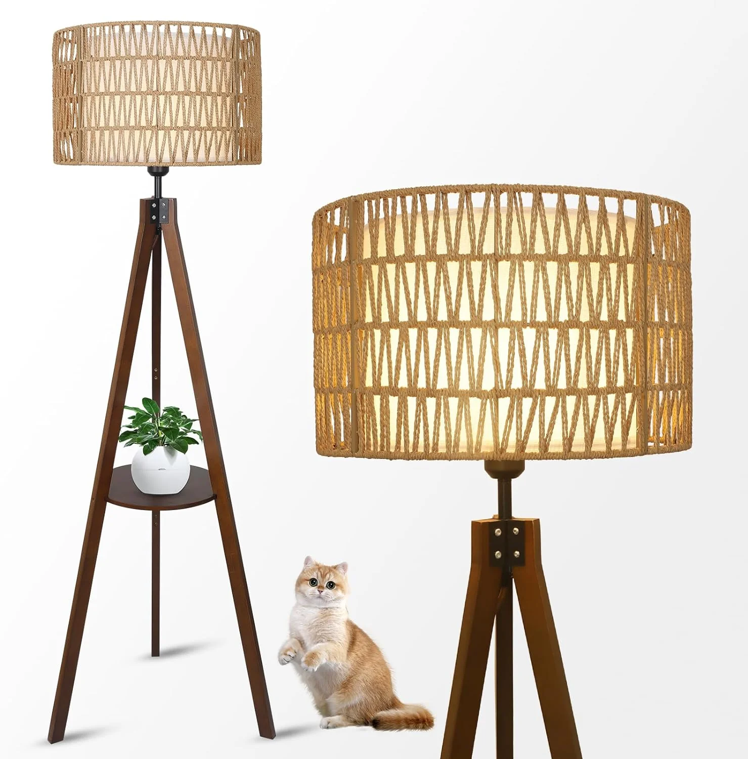 Tripod Floor Lamp with Shelf and Rattan Shades