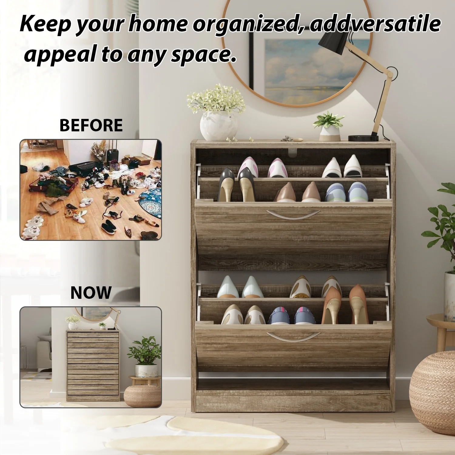 Shoe Storage Cabinet Two Drawer Space Saving Grey/Oak/White Dresser