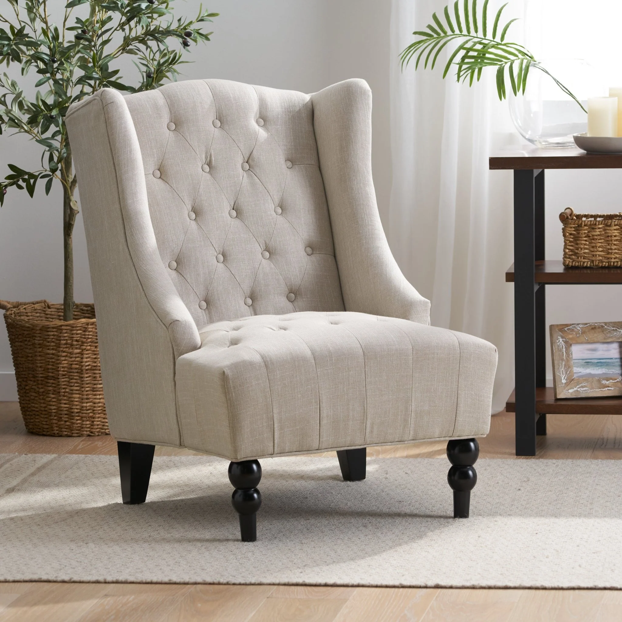 Upholstered Accent Chair with Diamond Tufted Wing Back