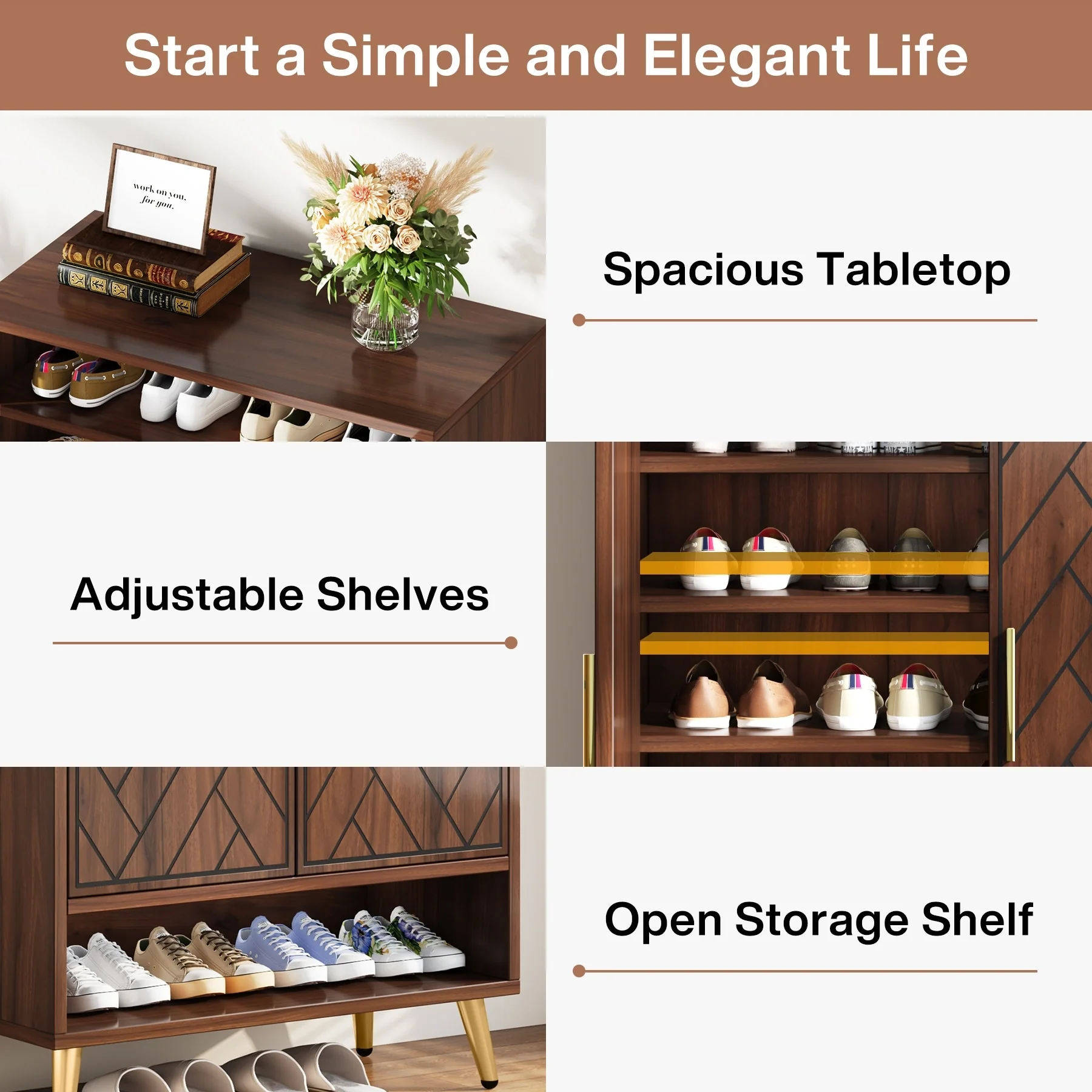 Walnut Shoe Cabinet, 6-Tier Wooden Shoe Organizer with Stable Leg